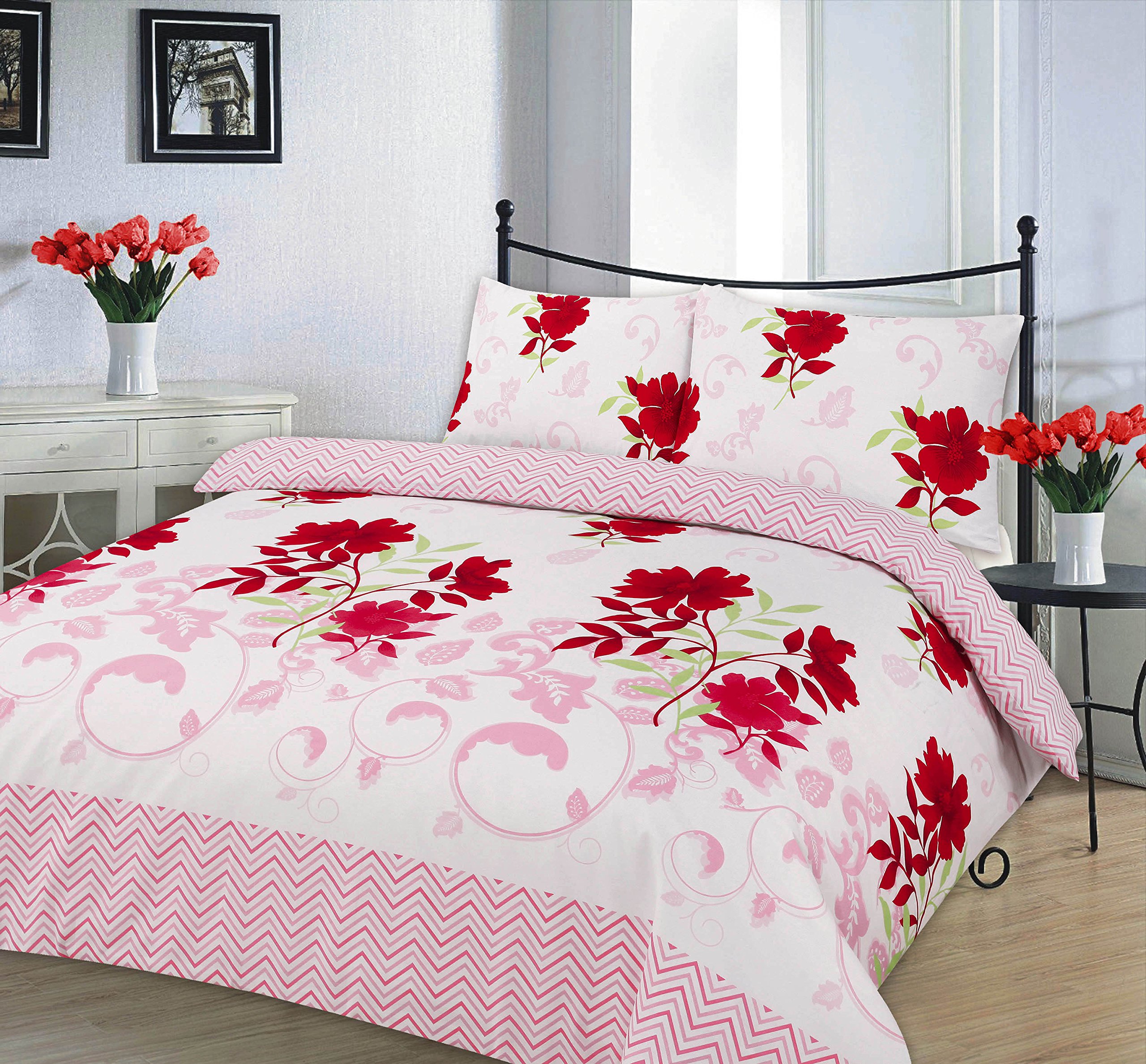 Kampala Hill Red Bethany Super Kingsize Duvet Cover Set Polycotton Floral Bedding