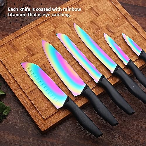 Miniatura 4 de Marco Almond KYA36 Rainbow Titanium Juego de cuchillos de cocina de acero inoxidable de 12 piezas con funda + cucharas de mango largo de acero