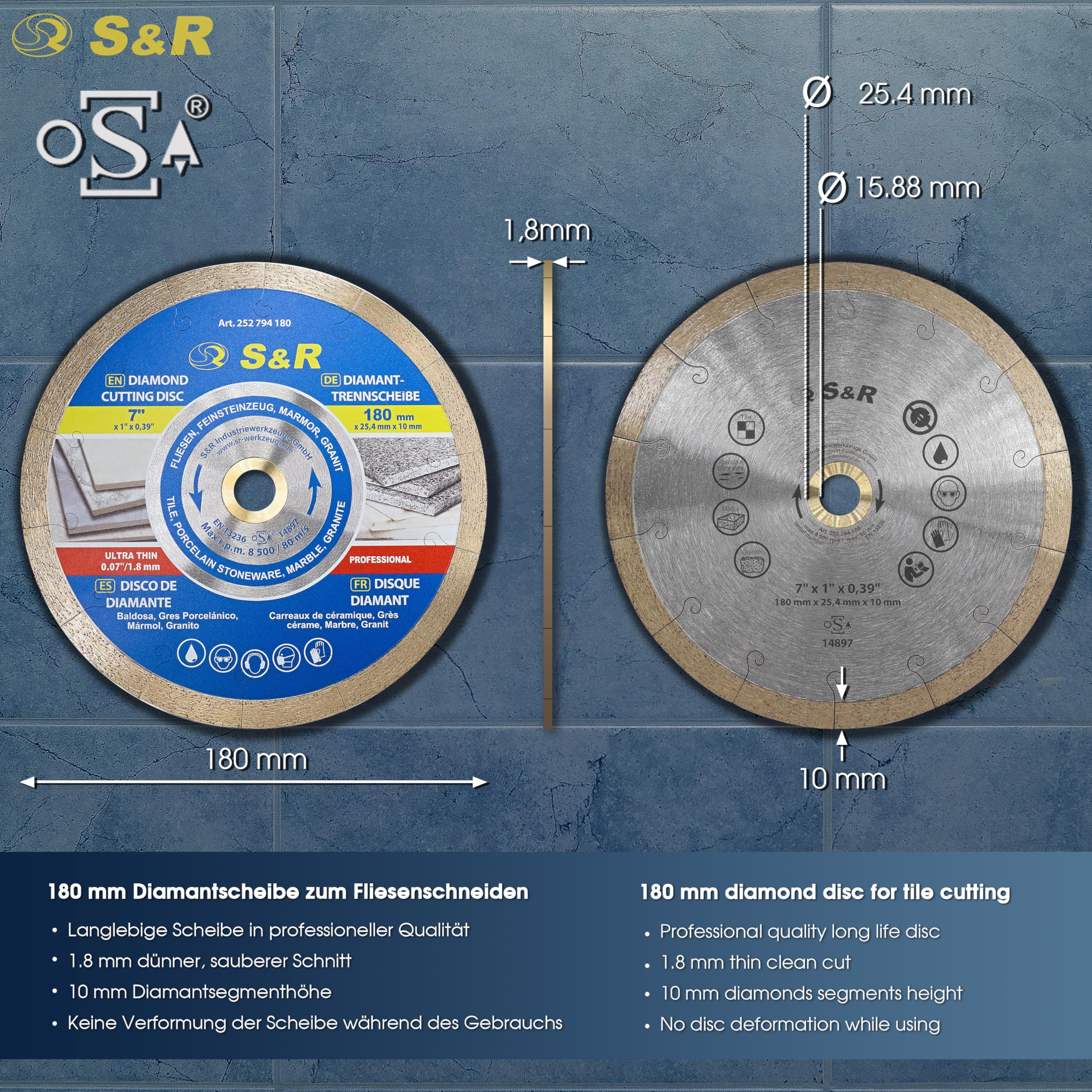S&R Disque Diamant Carrelage 180 x 25,4 x 10mm. Disque Extra fin (1,6 mm épaisseur). Meule Scie de Table à tronçonner Porcelaine, Carrelage, Grès cérame, Marbre, Granit