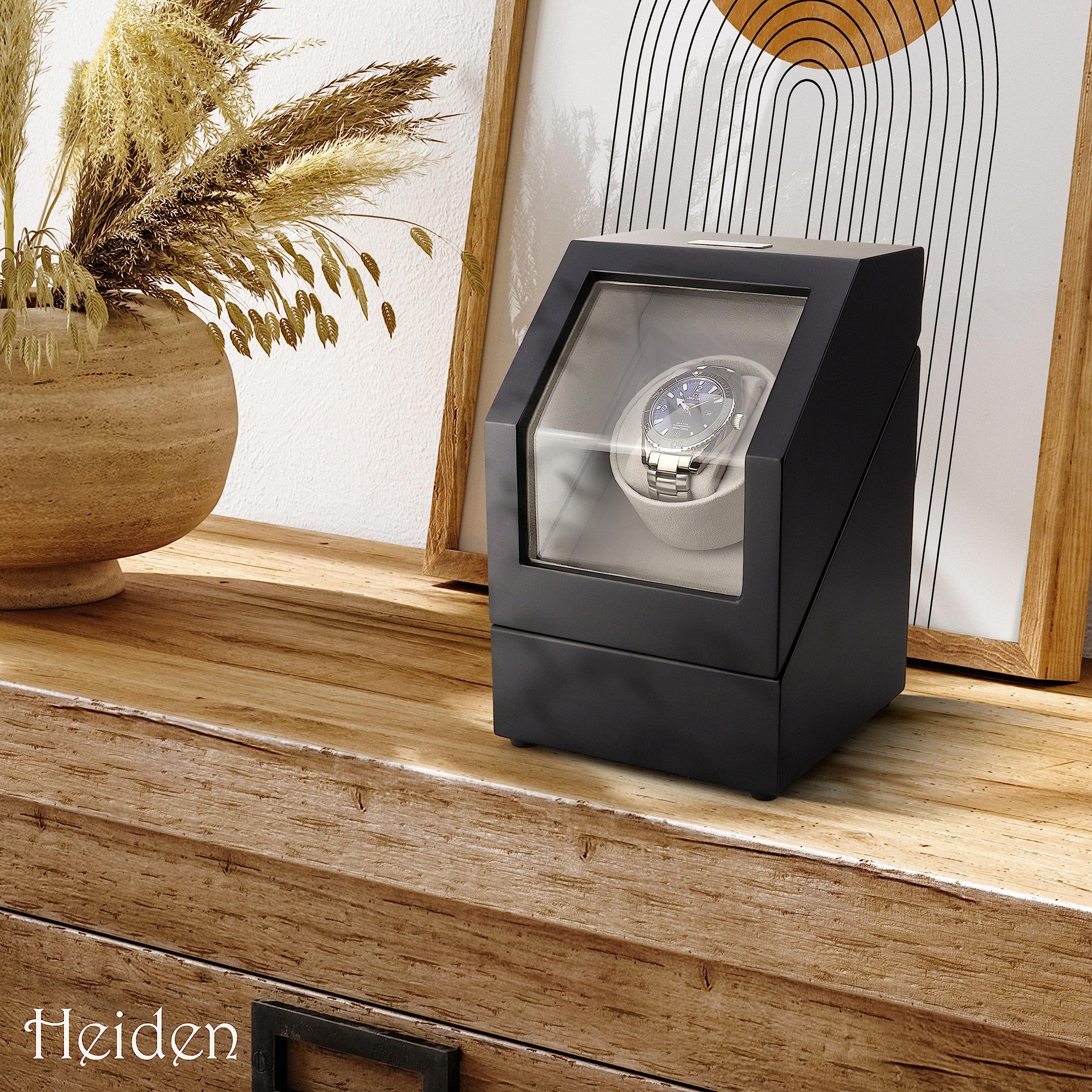 Heiden Watch Winder Single Watch Winders - Japanese Motor - AC Adapter Included - Can Run on Batteries - 12 Multiple Settings - Zero Magnetization Automatic Watch Winder for Rolex