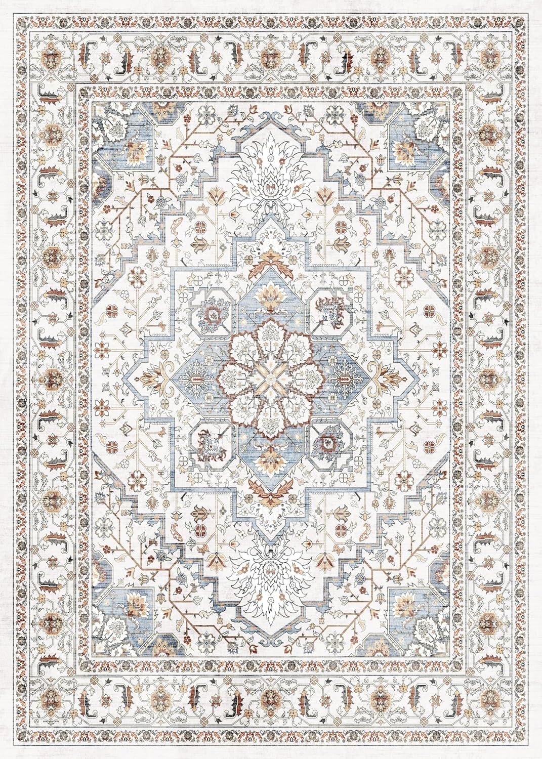 Area Rug for Living Room, Indoor Machine Washable Vintage Rugs for Bedroom Dinning Room Floor Carpet Non-Slip Backing Rugs Floral Soft Low-Pile Office Rug (Blue#001, 5' × 7')