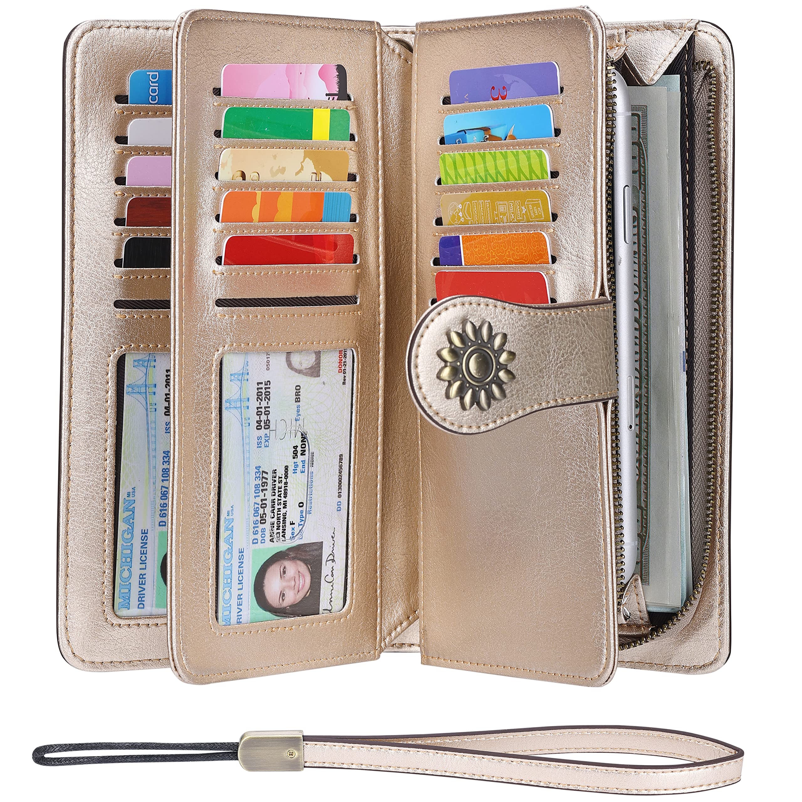 Lavemi Womens Large Capacity Genuine Leather RFID Blocking Wallets Wristlet Clutch Card Holder(Champagne Gold)