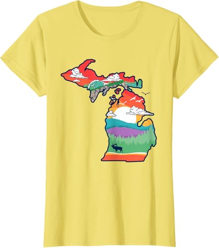 Miniatura 27 de Michigan Outside Vintage Nature Illustration Artistic T-Shirt Slate Grey,White,Baby Blue,Red,Silver Grey,Dark Green,Kelly Green,Olive Green,Lemon