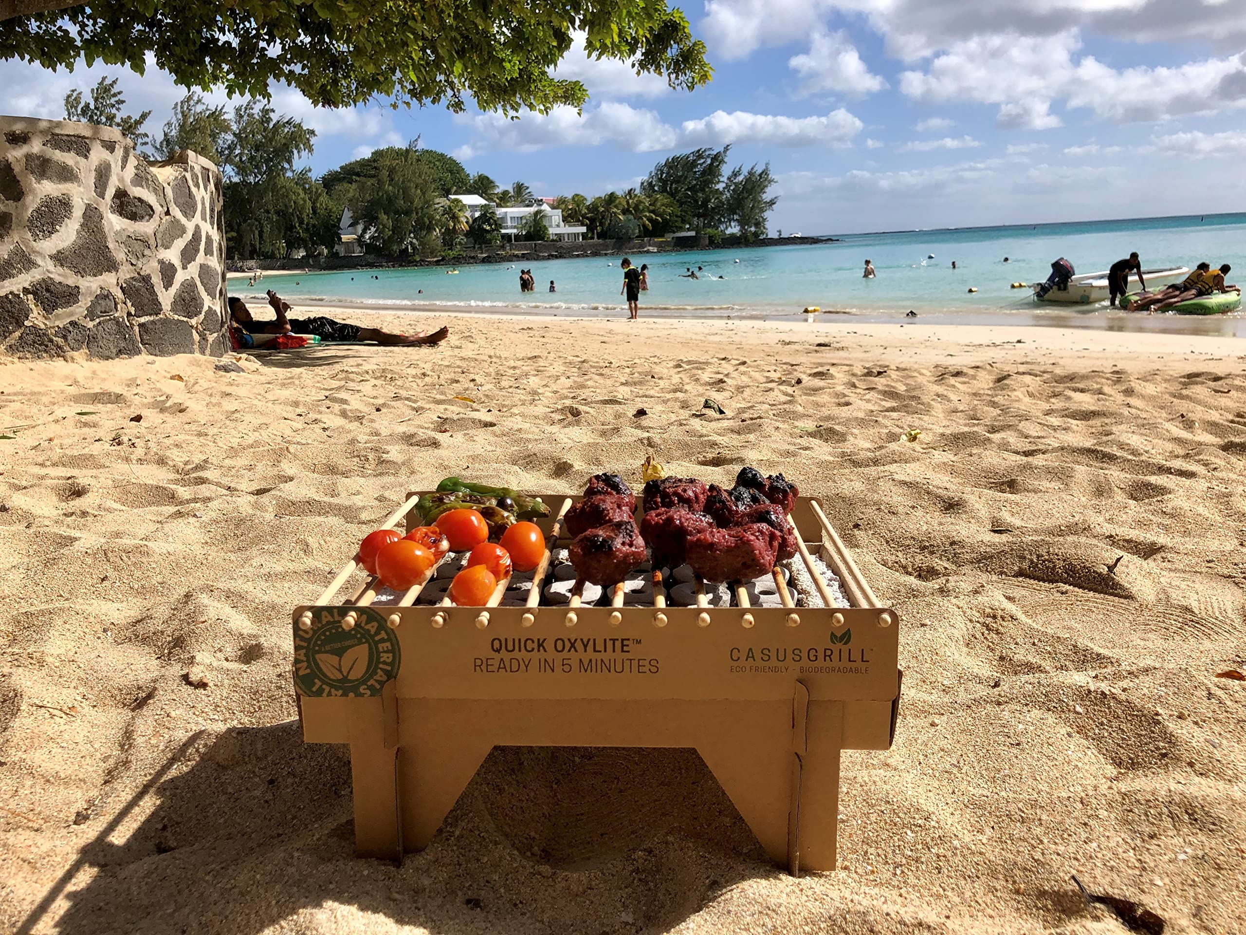 Öko Einweggrill (5 Stück) Himbeta Einmalgrill für Camping Strand Park 100% Nachhaltig 50% weniger CO2 durch Bambuskohle, nach 5 min startklar und über 1 Stunde nutzbar