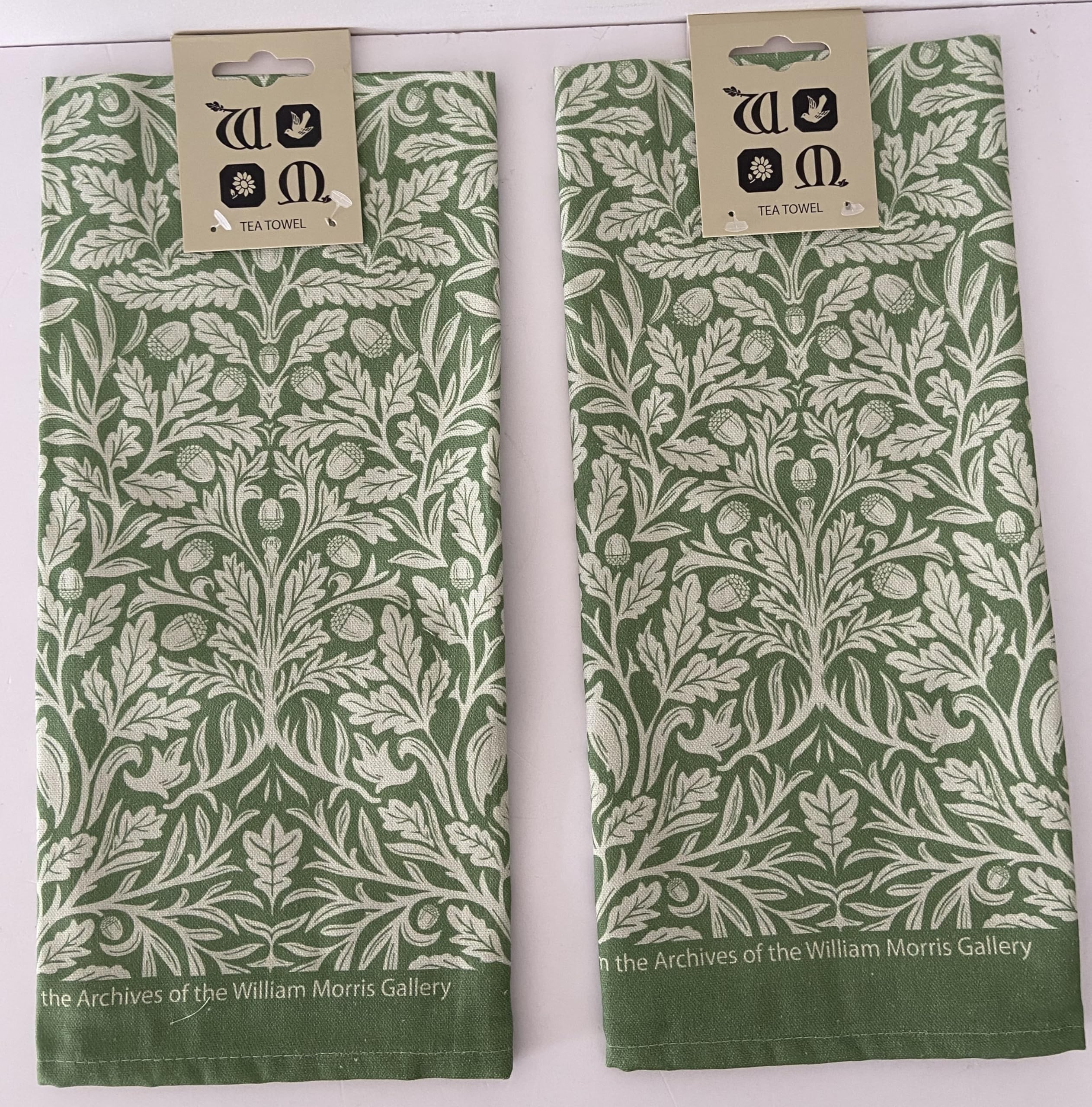 Jansons Green 2 X 100% Cotton Acorn Design Kitchen Tea Towel In 50Cm X 70Cm William Morris Gallery