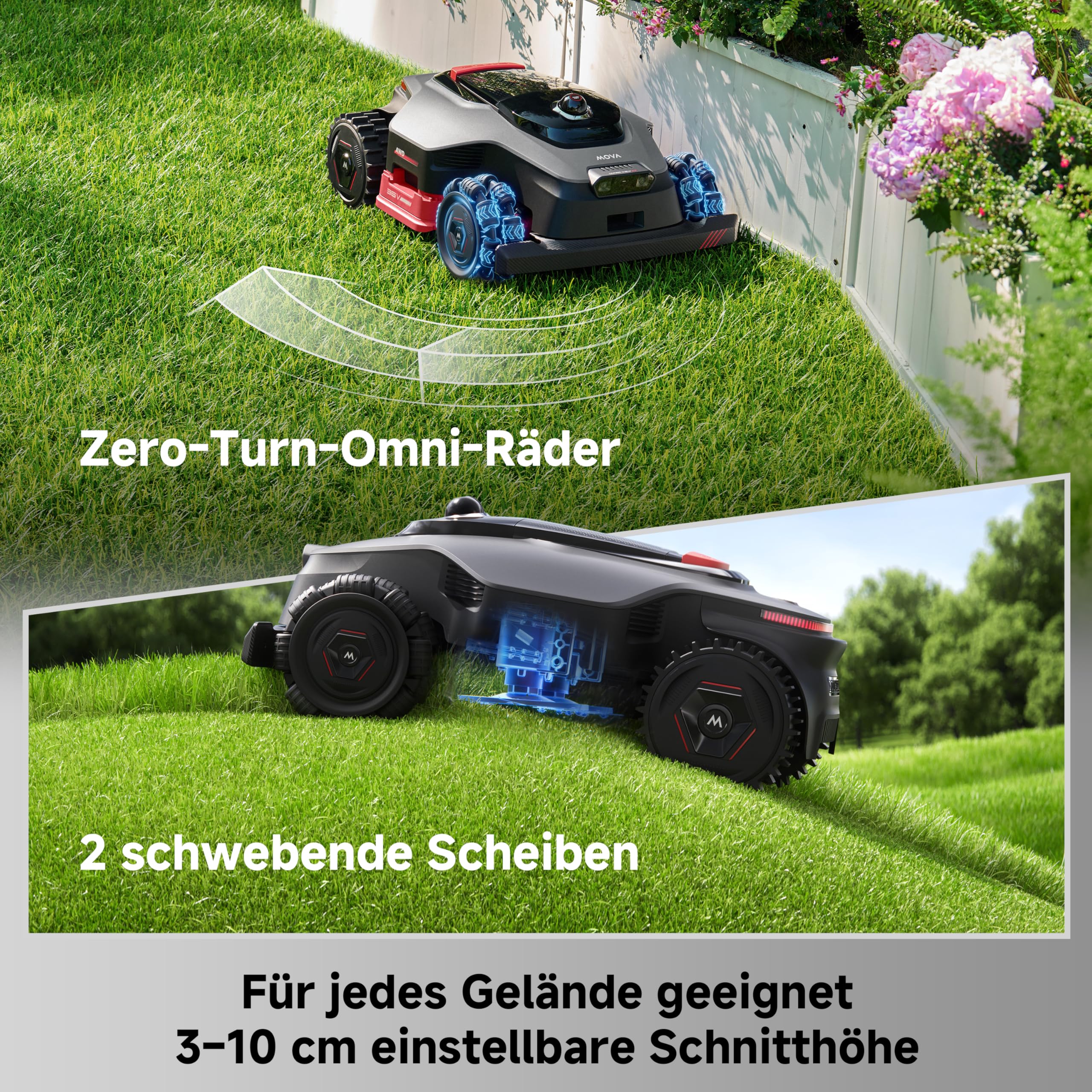 MOVA LiDAX Ultra 2000 AWD Mähroboter, RTK-frei, KI-gestützte automatische Kartierung, 360° 3D-LiDAR und KI-Dual-Vision, 36 V AWD für Steigungen von 80%, 2 Scheiben (jeweils 6 Messer), <3 cm