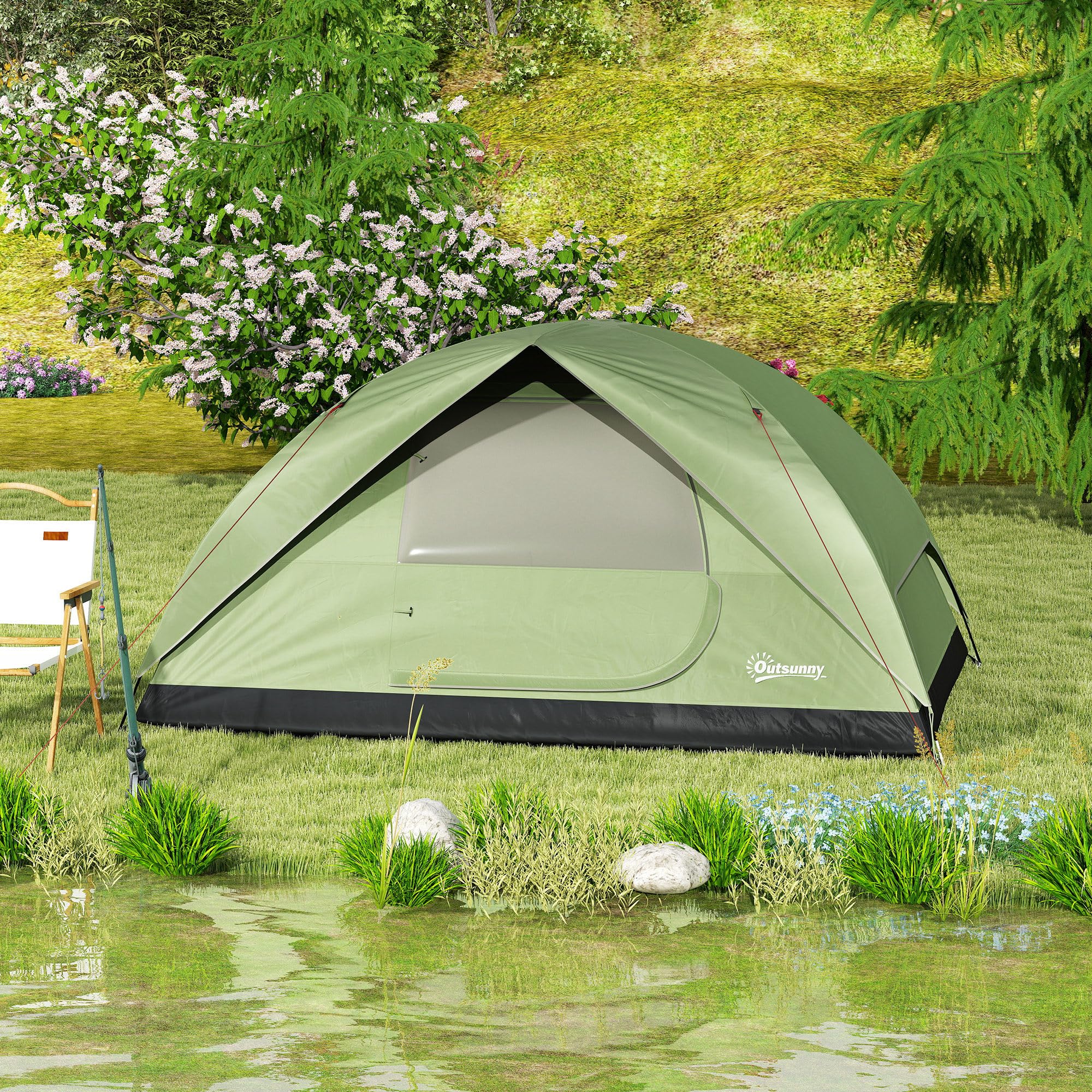 Outsunny Tenda da Campeggio Famigliare per 3 Persone Impermeabile 3000mm Tenda da Trekking a Cupola con Porta di Ricarica, Tasche, Gancio per Lanterna e Borsa da Trasporto Verde