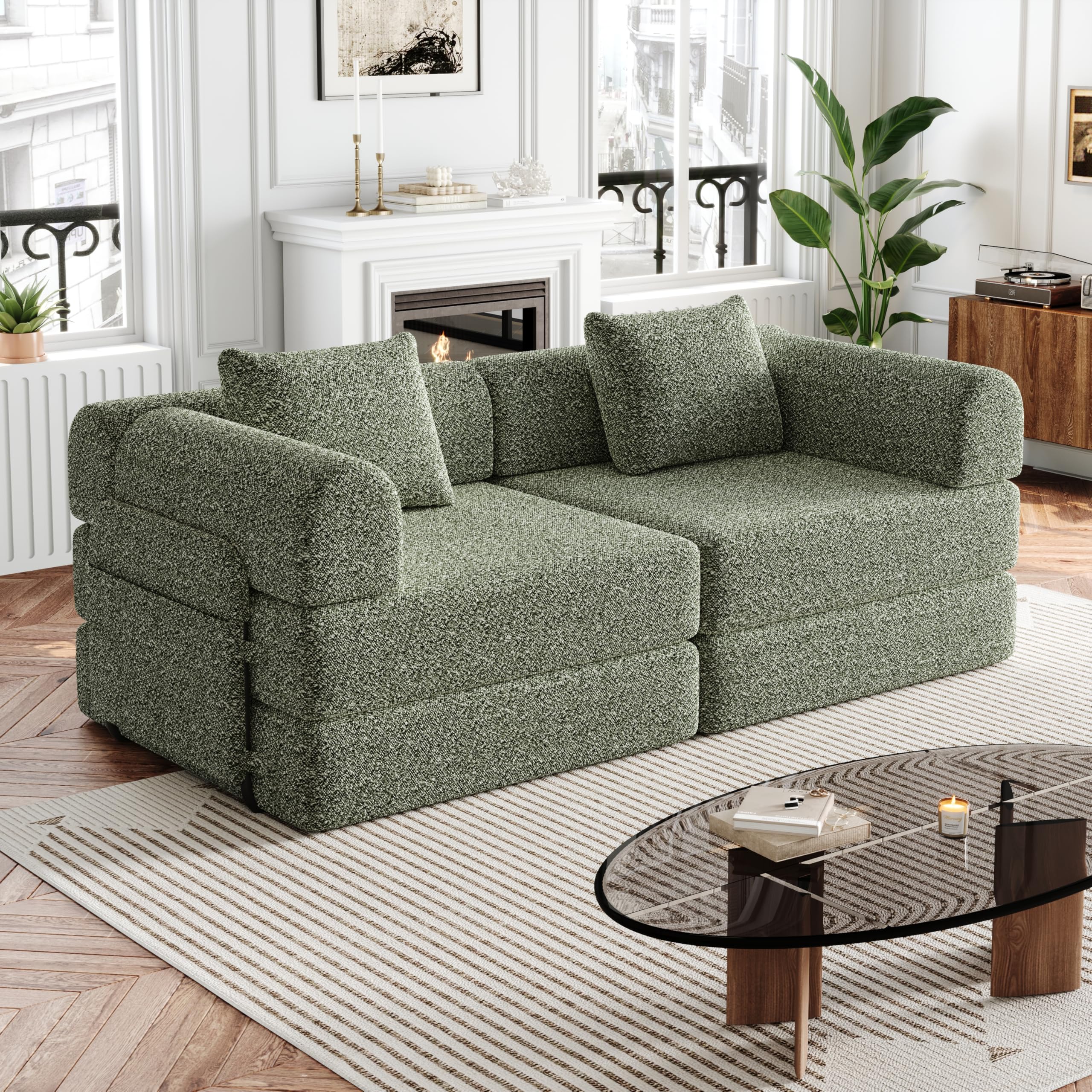 Canapé Convertible 2 Places 2-en-1 en Velours Chenille avec Rangement, Configuration Modulable Canapé Lit pour Salon