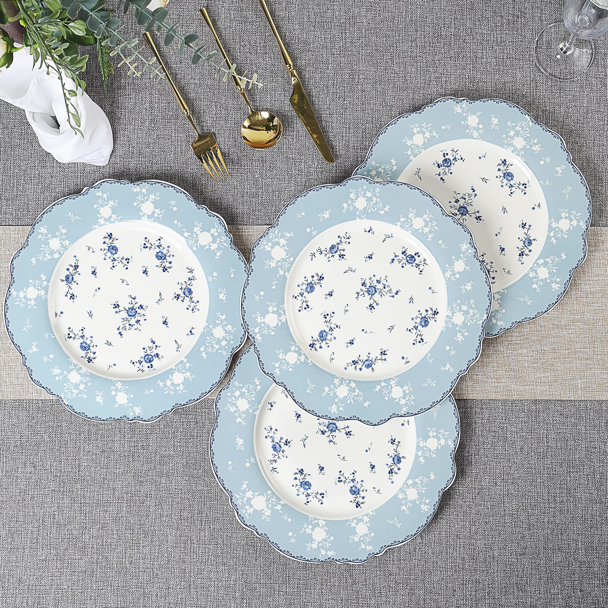 fanquare Juego de 4 Platos Llanos de Porcelana, 27.5cm Platos Grande Florales Azul, Vajilla Vintage Real para Navidad Fiesta, Boda