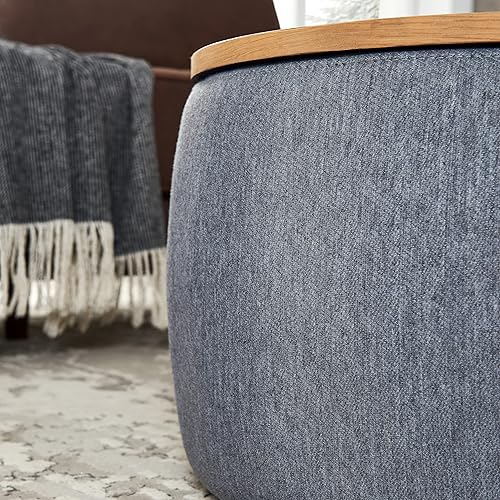 Miniatura 8 de Kakotito Moderna otomana redonda de almacenamiento con tapa de madera, mesa de centro circular hecha a mano, mesa auxiliar y reposapiés para sala de