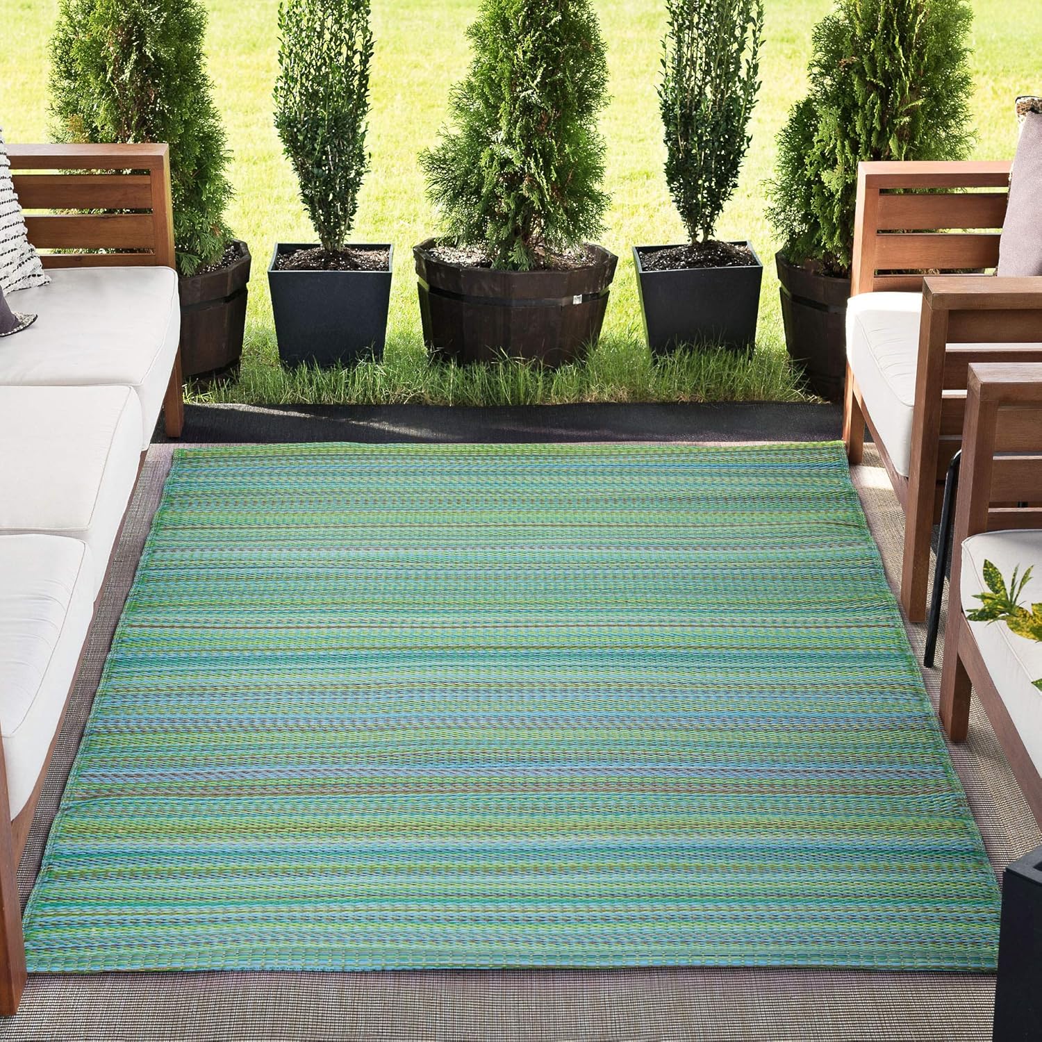 Tayse Pembrokepines Green Reversible Plastic Straw Outdoor Rugs 6x9 for Patios Garden Picnic Camping Mats Waterproof and Washable