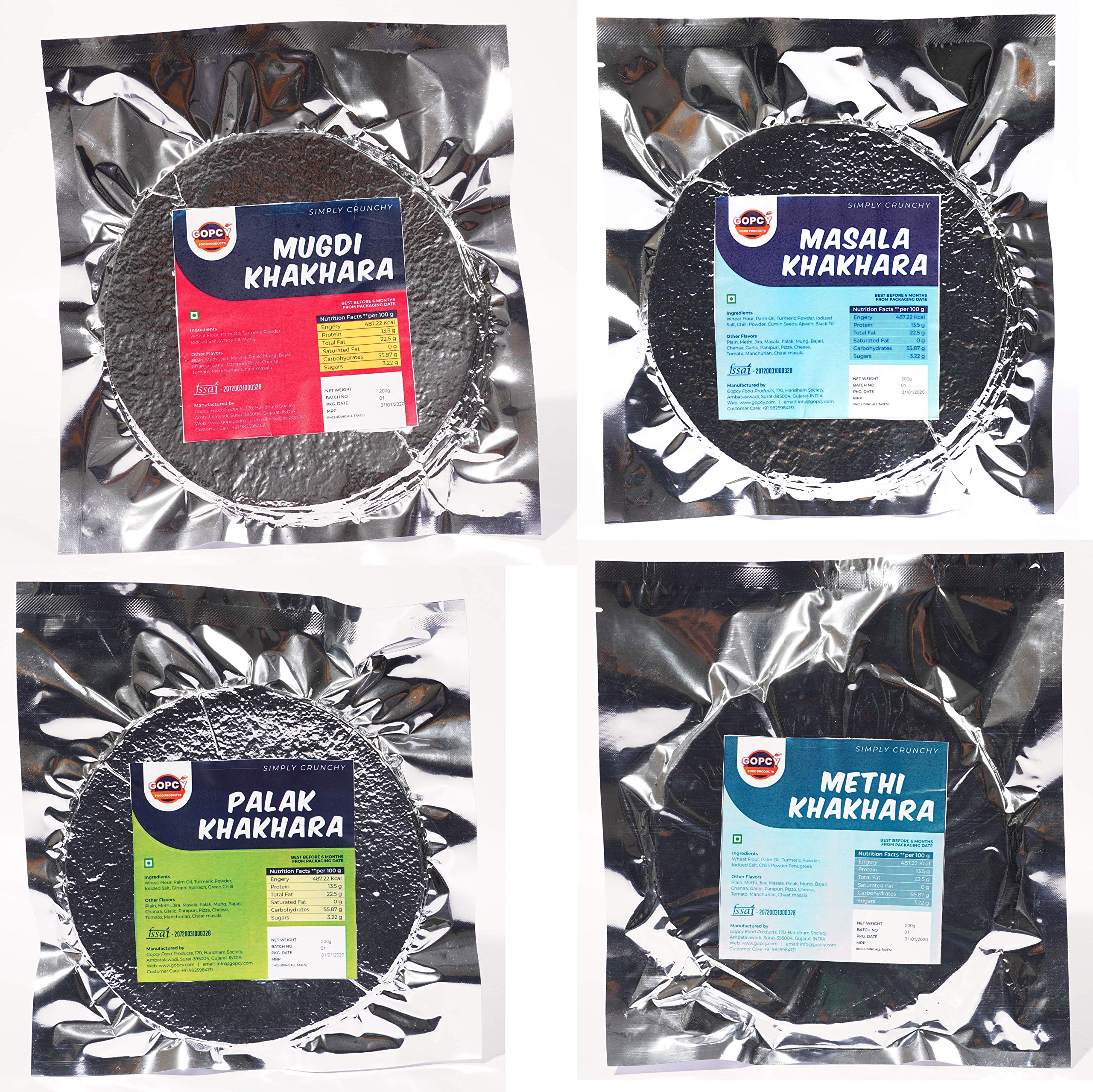 Gopcy Khakhra Combo Packets of 4 (Methi, Masala, Palak, Mung) Gujarati Healthy Snacks - 800gm (B085CNSBS3) Amazon Price History, Amazon Price Tracker