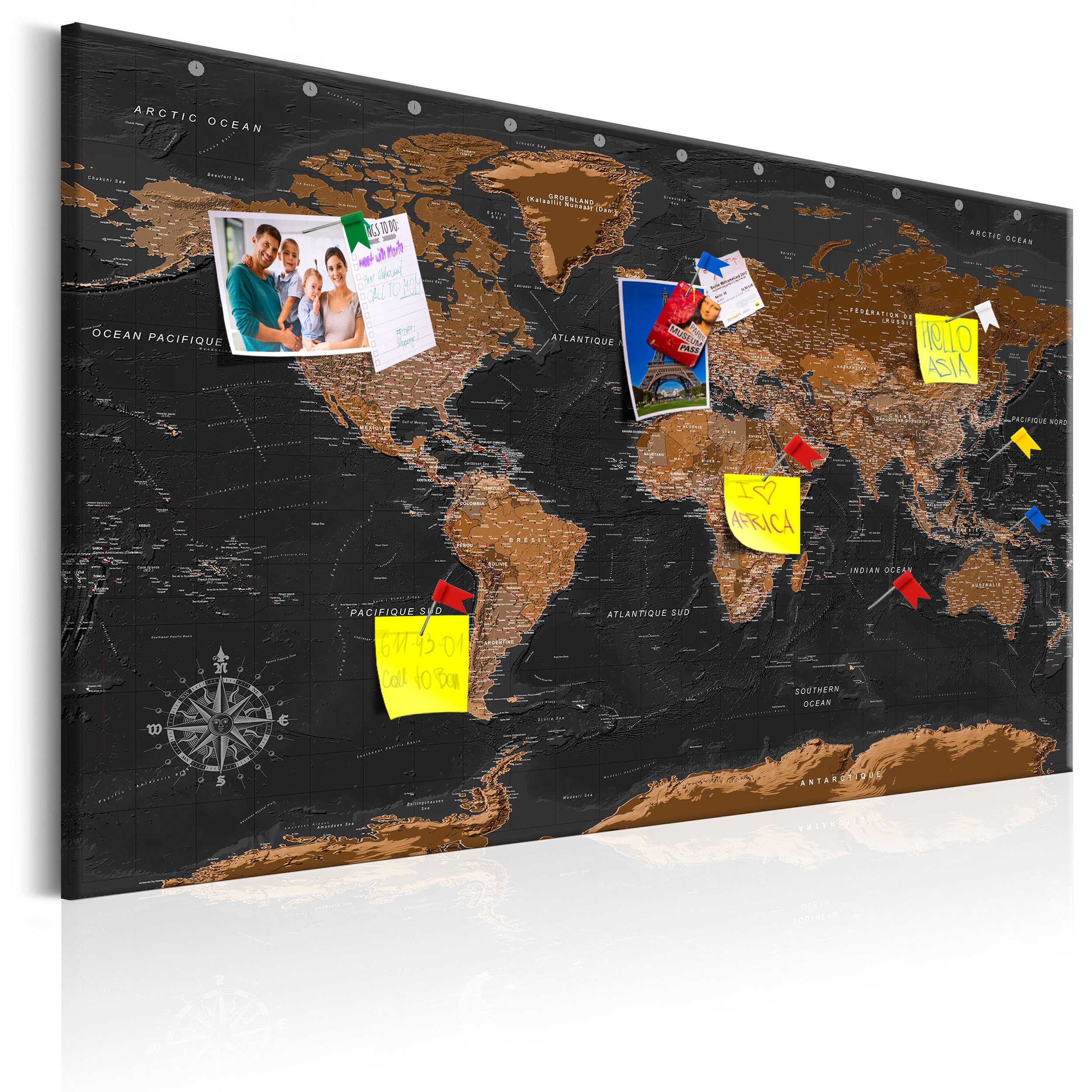 murando - Pin Board World Map 120x80 cm/48"x32" 1 piece Cork Board On Non-Woven Material XXL Memo Notice Board Pins Included Vision Board Images Pictures Home Decor Wall - Travel French k-A-0298-v-a
