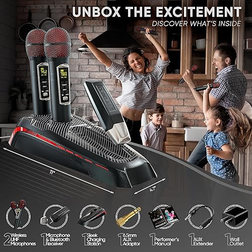 Miniatura 9 de MASINGO 2 micrófonos inalámbricos de karaoke, receptor Bluetooth integrado, conecta micrófonos y teléfonos inteligentes a cualquier altavoz con
