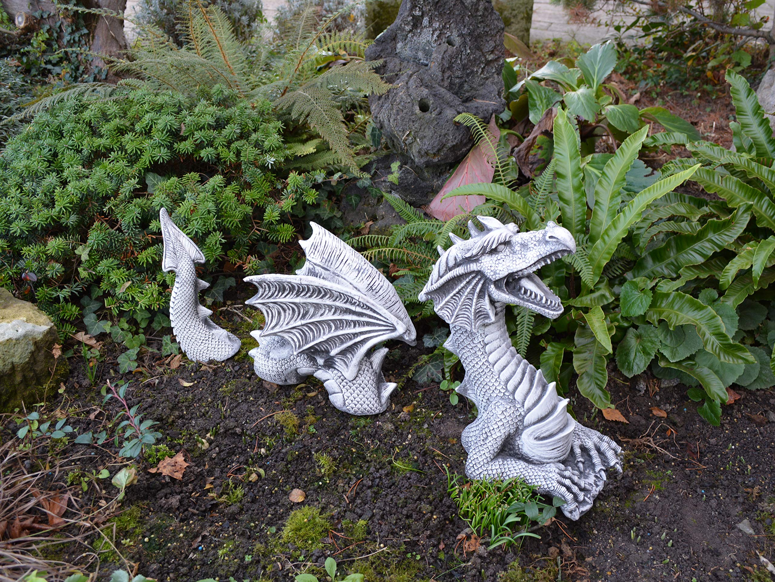 gartendekoparadies.de 3-teiliger Drache, Steinfigur, H. 35 cm, 11 kg, Grau, frostsicher aus Steinguss für Außenbereich