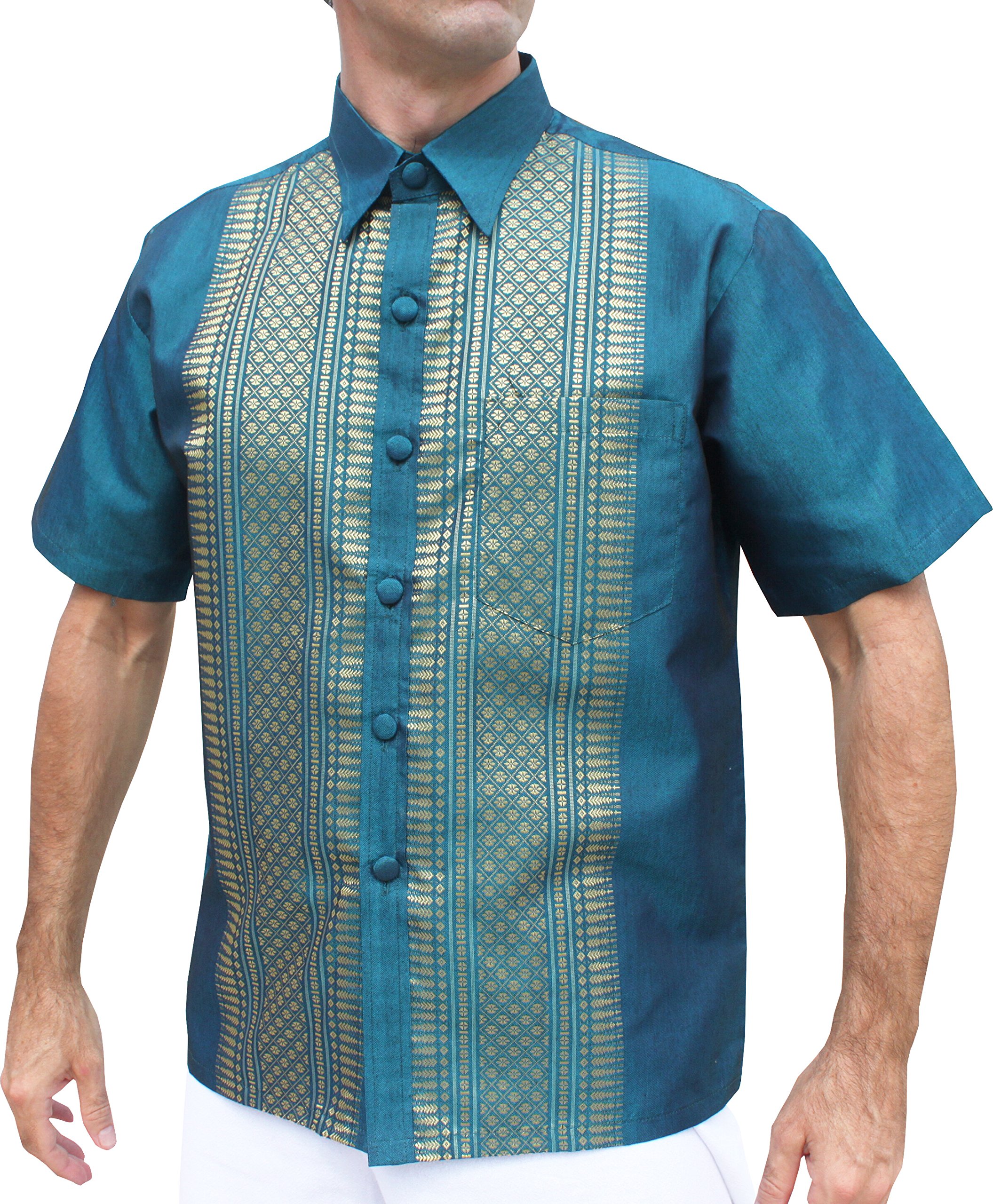 RaanPahMuangFormal Northern Thailand Woven Stitchwork Short Sleeve Silk Shirt