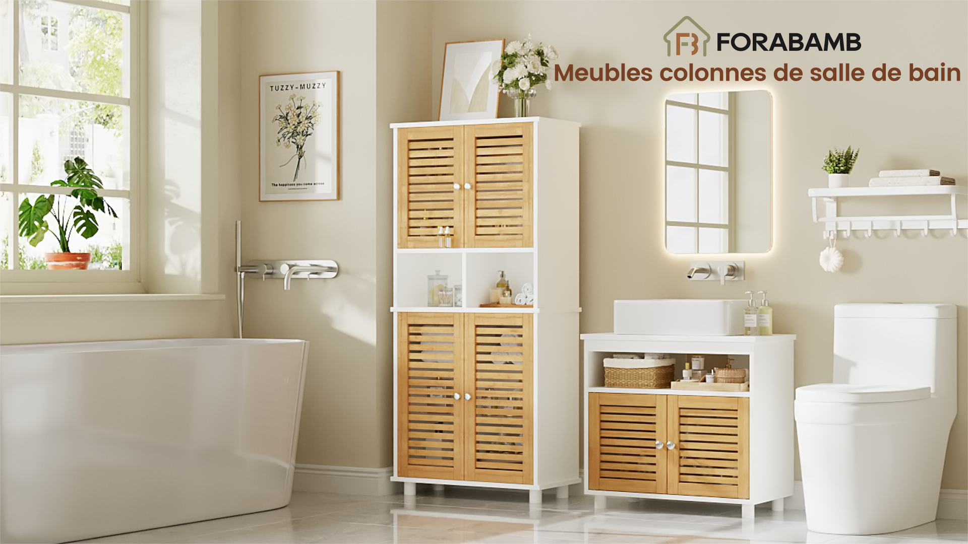 FORABAMB Colonne Salle De Bain 180cm Avec 3 Tiroirs Et 3 Compartiments Ouverts - Blanc