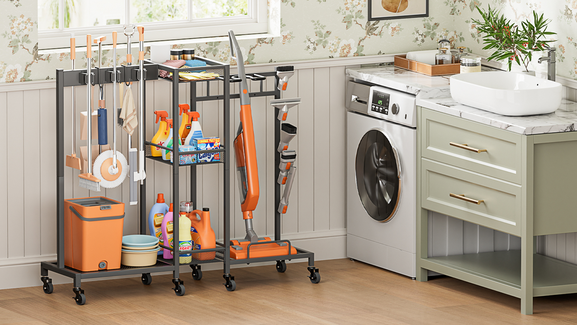 Broom And Mop Holder, MUNNAR Broom Closet Storage Cabinet With Cleaning Supplies