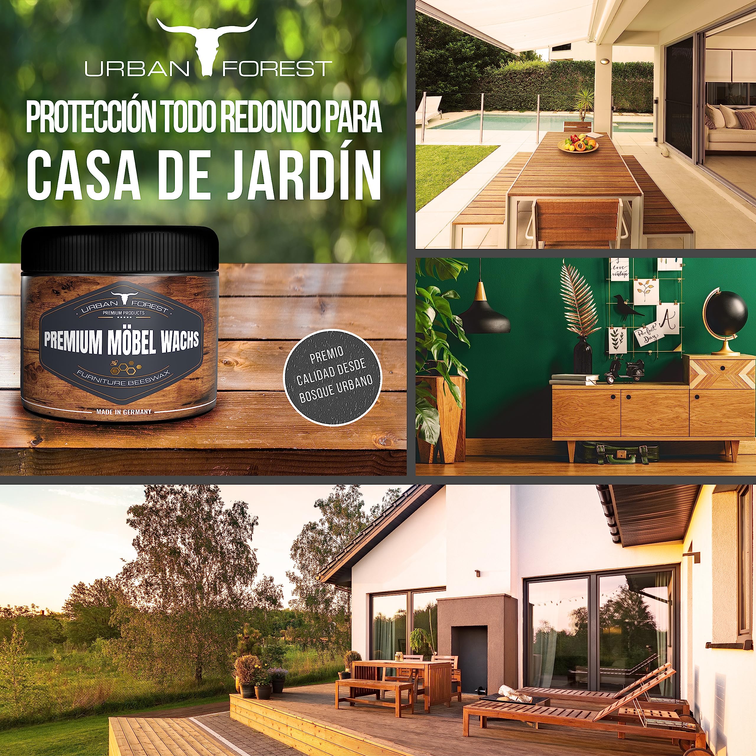 Cera para muebles incolora para el cuidado de muebles y protección de la madera | Cera para madera para el cuidado de la madera para muebles de madera | PREMIUM FURNITURE WAX de URBAN FOREST 500ml