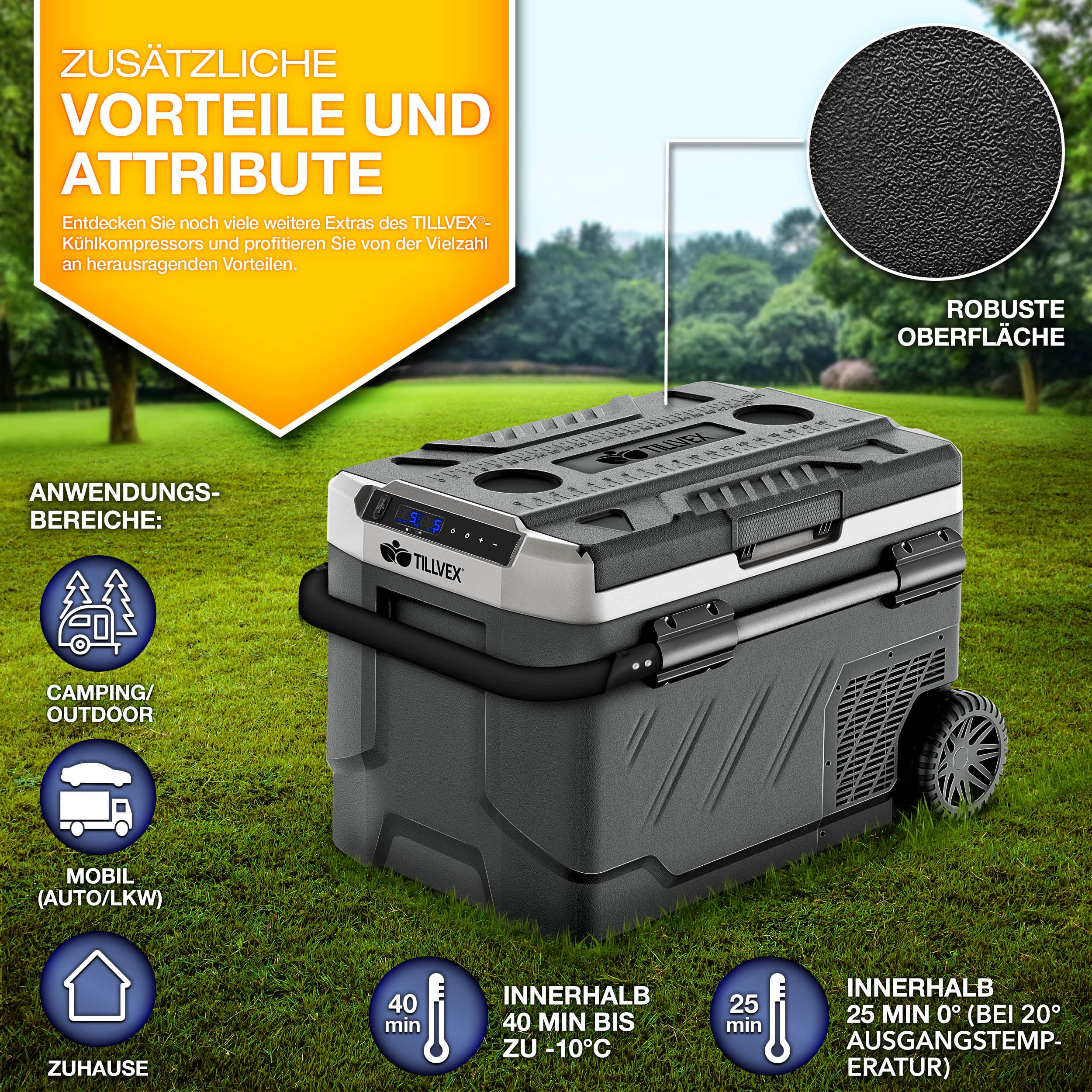 tillvex® elektryczna lodówka kompresorowa, 51 litrów, sterowanie przez aplikację wi-fi, złącze USB 12/24 V 230 V, do -20 °C, do samochodu, ciężarówki, łodzi, kampera, na kemping