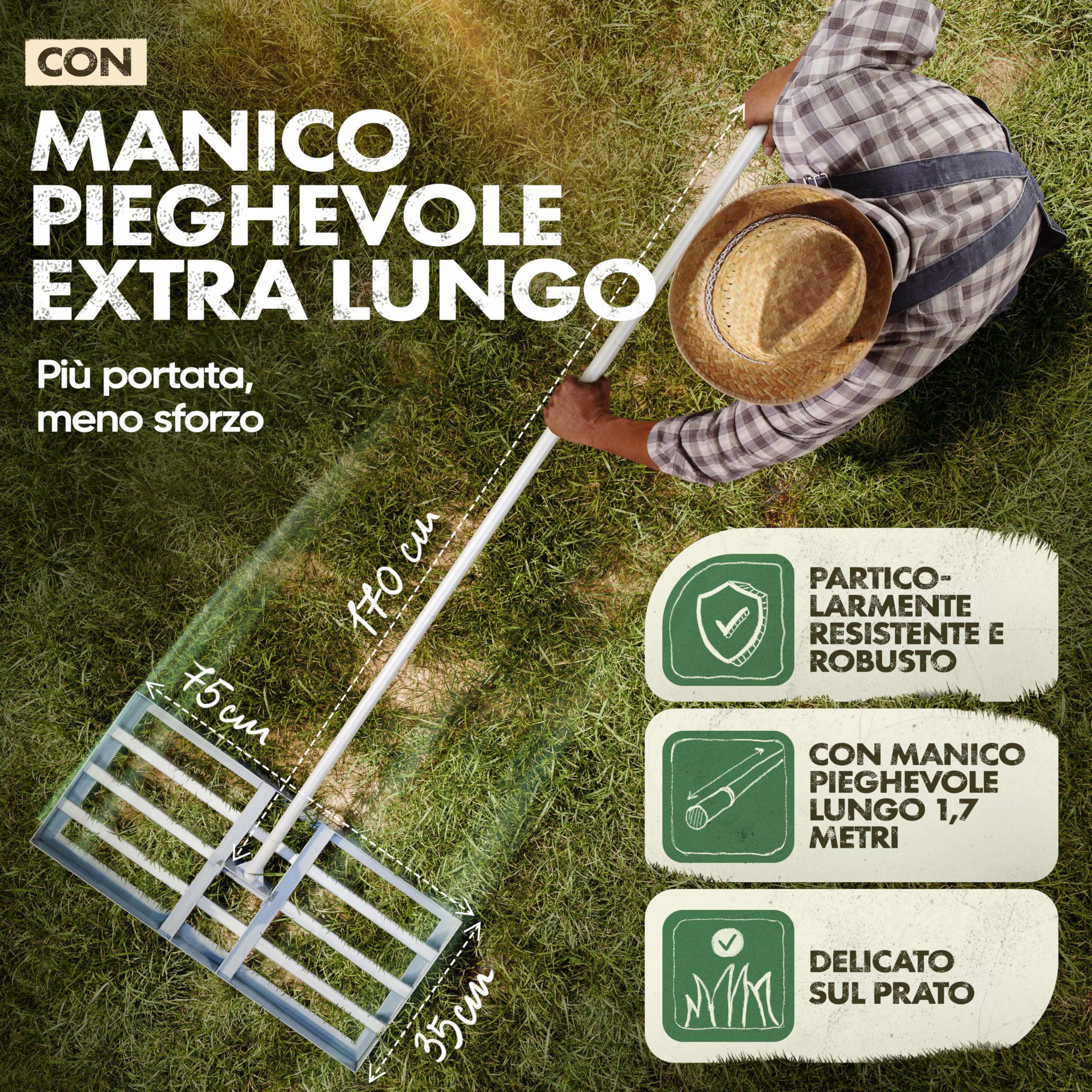 GARLINGO Rastrello per prato | 75 x 35 cm | incl. 1,7m di ASTETTO in metallo | Rastrello per prato per sabbiare il prato, livellare la sabbia del prato, aeratore Rasen Leveling rake