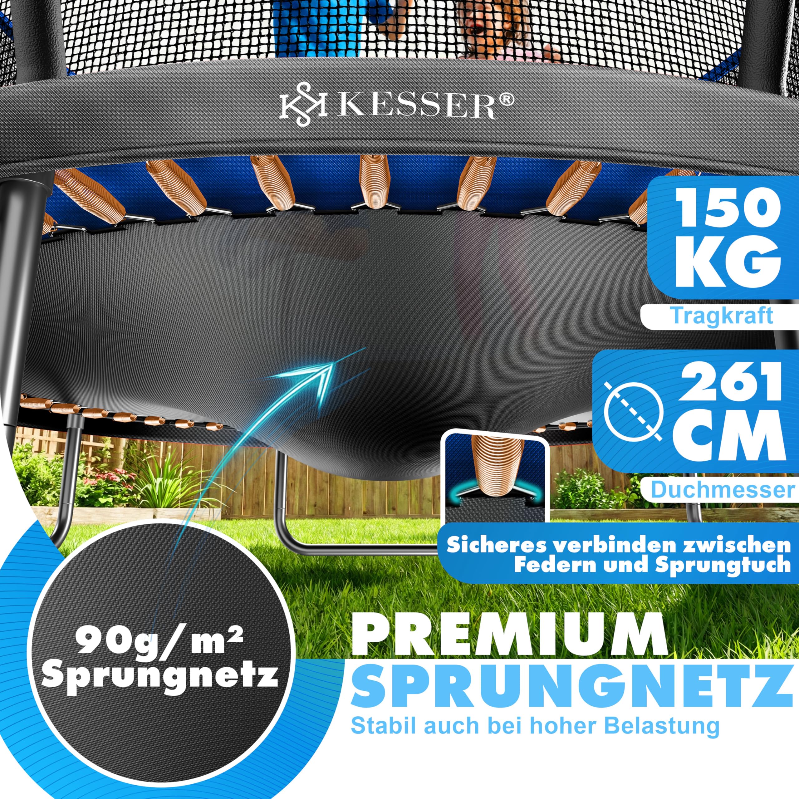 KESSER® Trampolin Outdoor Ø 244/305/366/427 cm, GS-Zertifikat, Gartentrampolin für Kinder & Erwachsene <150 kg mit Sicherheitsnetz, inklusive Tasche, Leiter, Randabdeckung & gepolsterten Netzstangen