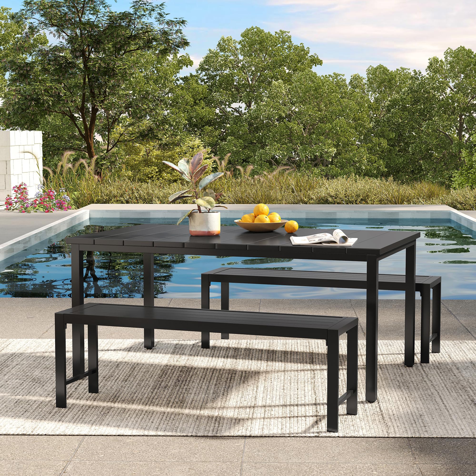 (similar)VICLLAX Patio 3 Pieces Outdoor Dining Set, Outdoor Metal Table and Bench Set, 63" Dining Table and 51" Patio Long Backless Bench for Lawn, Garden, Porch, Black