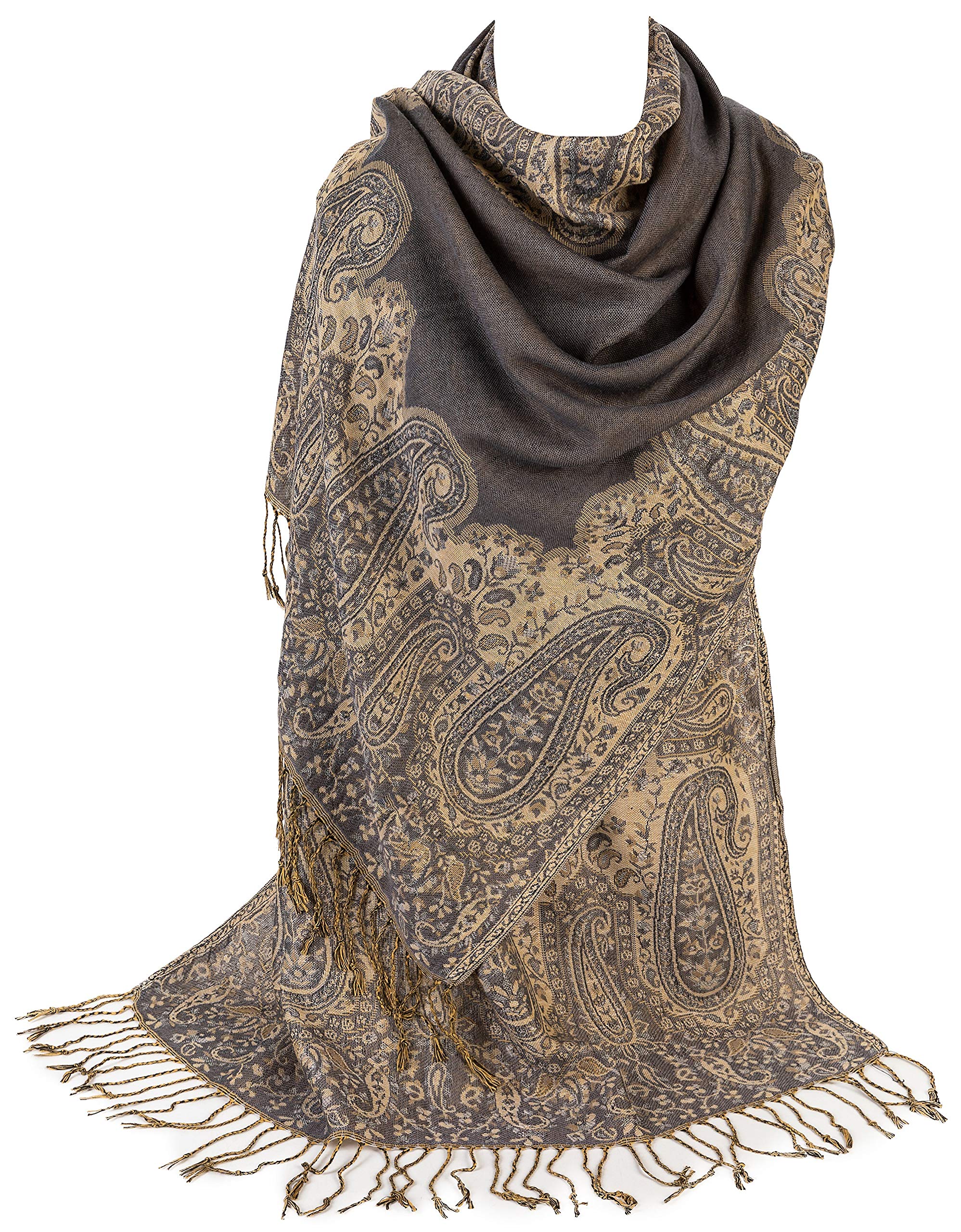 World of Shawls Ladies Paisley Bordered Pashmina Feel Shawl Scarf Wrap Stole Luxuriously Warm Soft Vibrant (Grey and Beige)