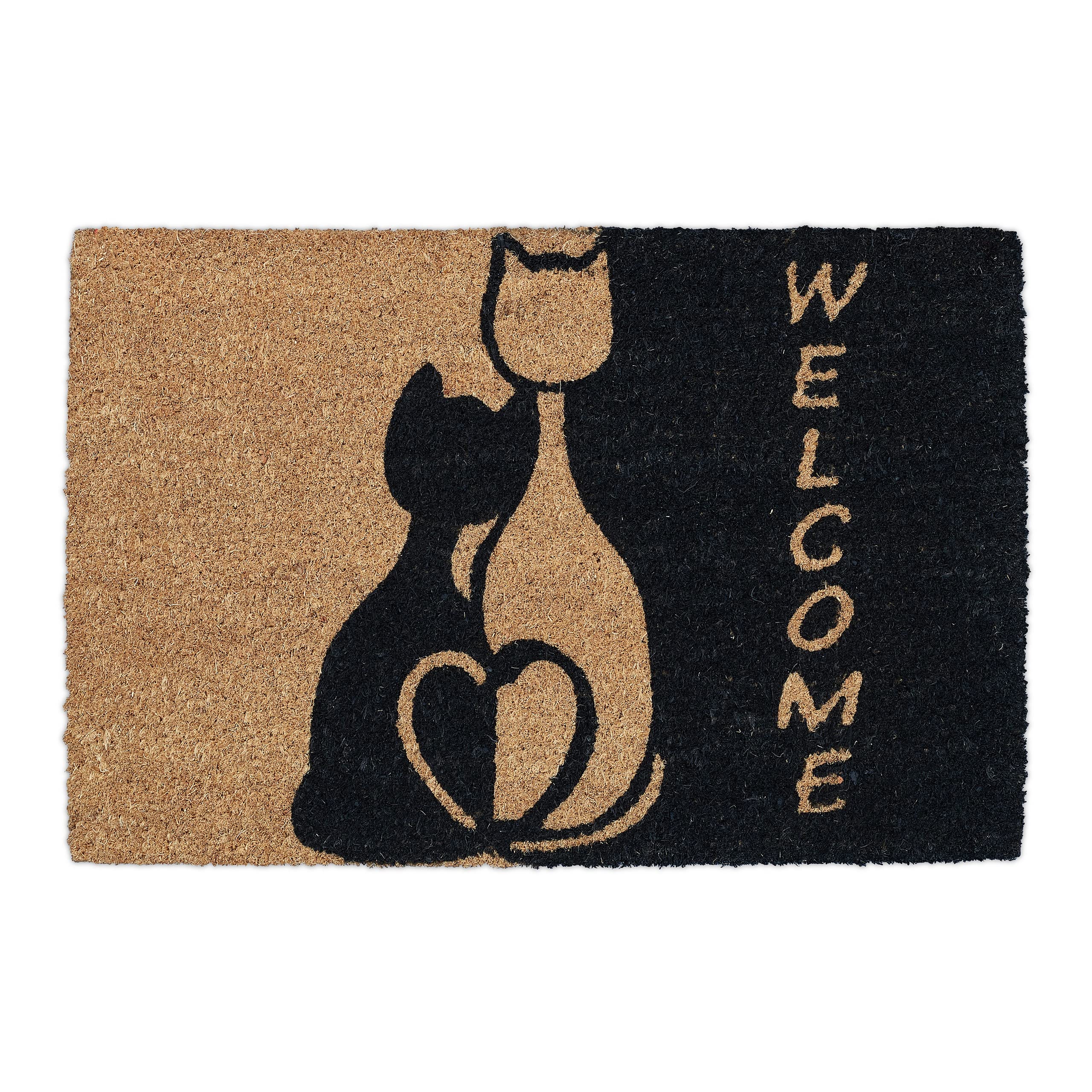 Relaxdays Cute Romantic White Cats Doormat, 40x60 cm, Inside & Outside Use, Non-Slip, Natural Coir/Black, Coco, 40x60cm