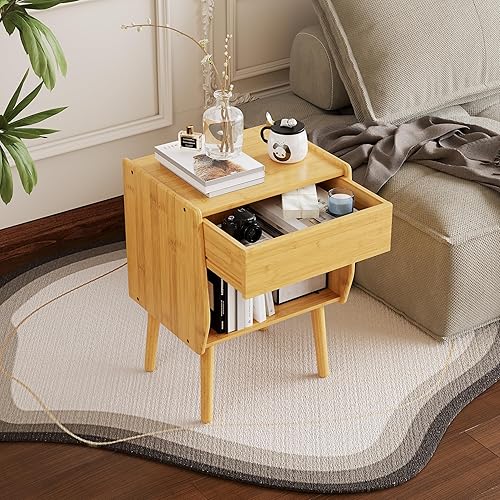 Miniatura 3 de ZIYOO Mesita de noche con cajón, mesita de noche moderna de mediados de siglo con almacenamiento, mesa auxiliar de dormitorio pequeña para