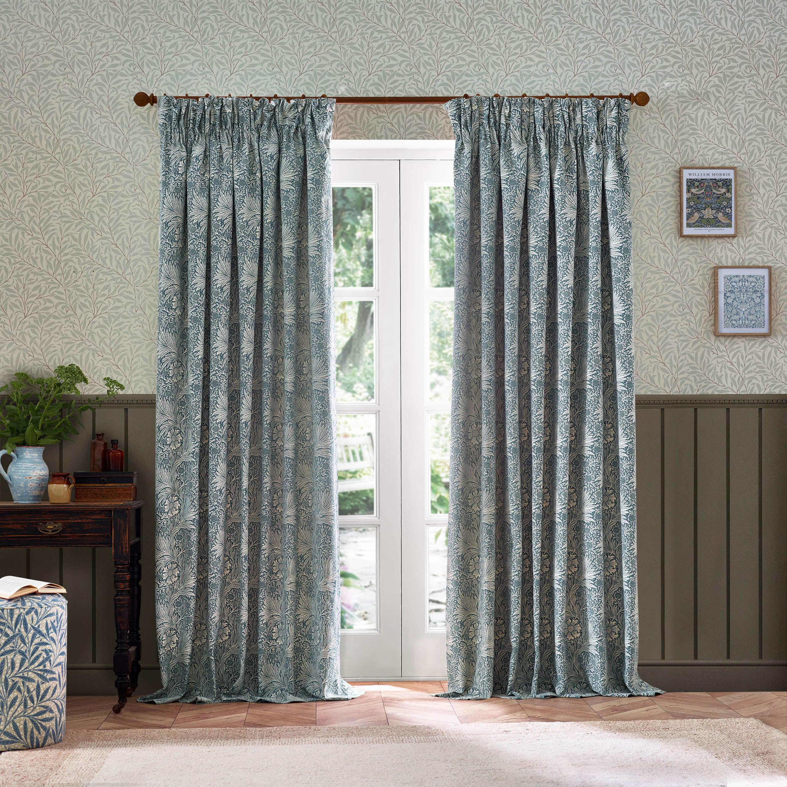 Morris&Co. Marigold Pencil Pleat Curtain Pair - Jacquard Lined Floral Heritage Drapes (Indigo - 168x183cm)
