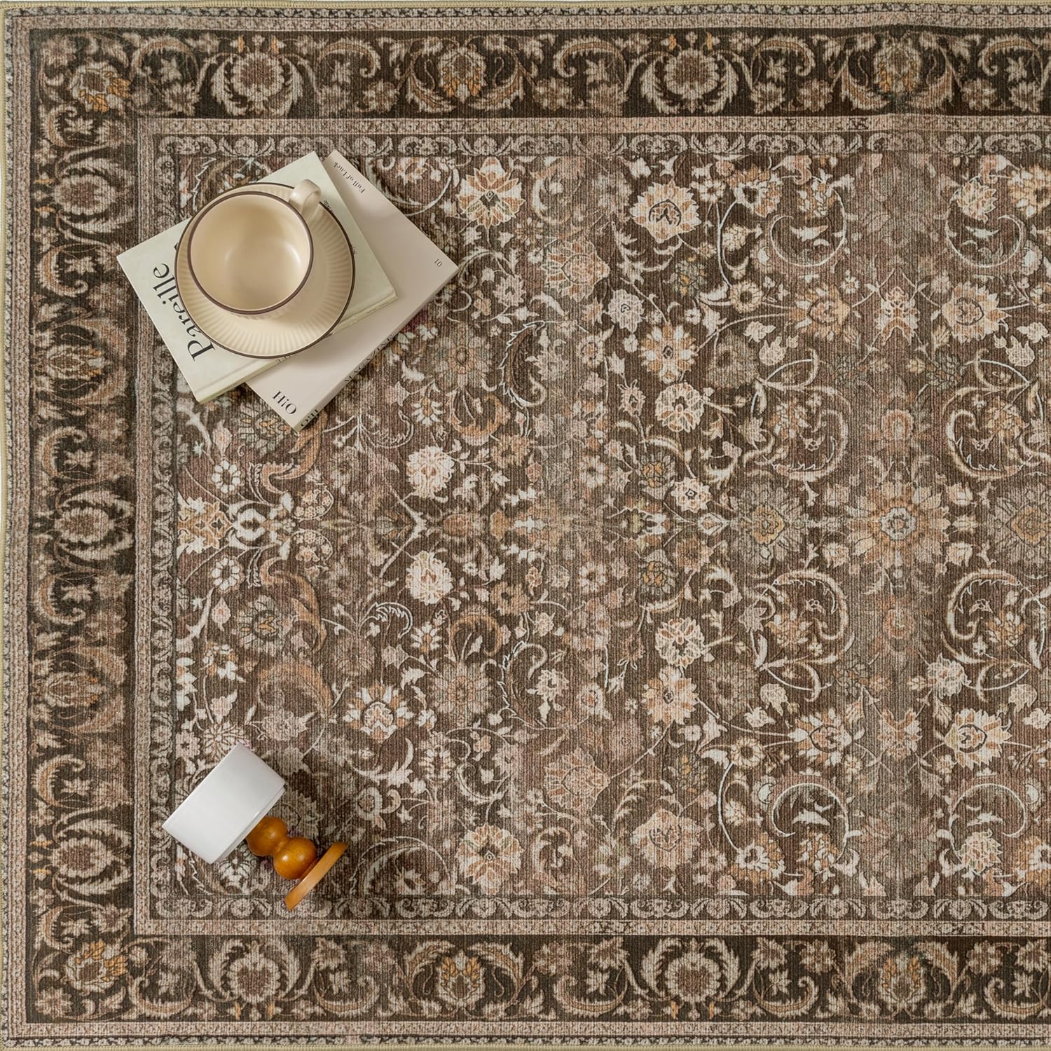PureCozy Brown Area Rug 4x6 Washable Vintage Floral Carpet for Living Room Soft Low Pile Non Slip Indoor Office Accent Rug Retro Distressed Throw Rug for Nursery Bedroom Laundry Dining Room