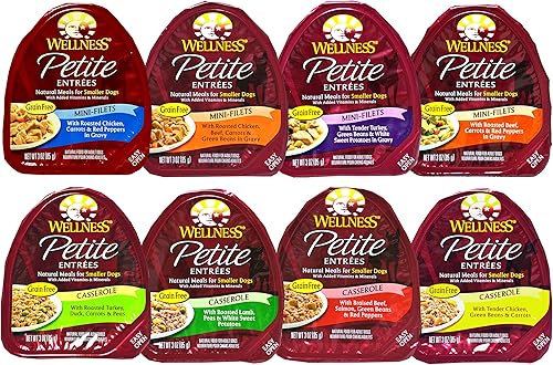 Wellness Petite Entrees - Paquete variado de alimentos húmedos naturales sin granos para perros, 8 sabores diferentes, 3 onzas cada uno (8 platos en