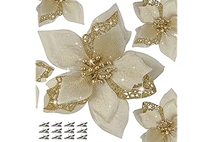 12-Pack 5.9'' Gold Glitter Poinsettia Artificial Flowers - Christmas Tree Decorations with Clips