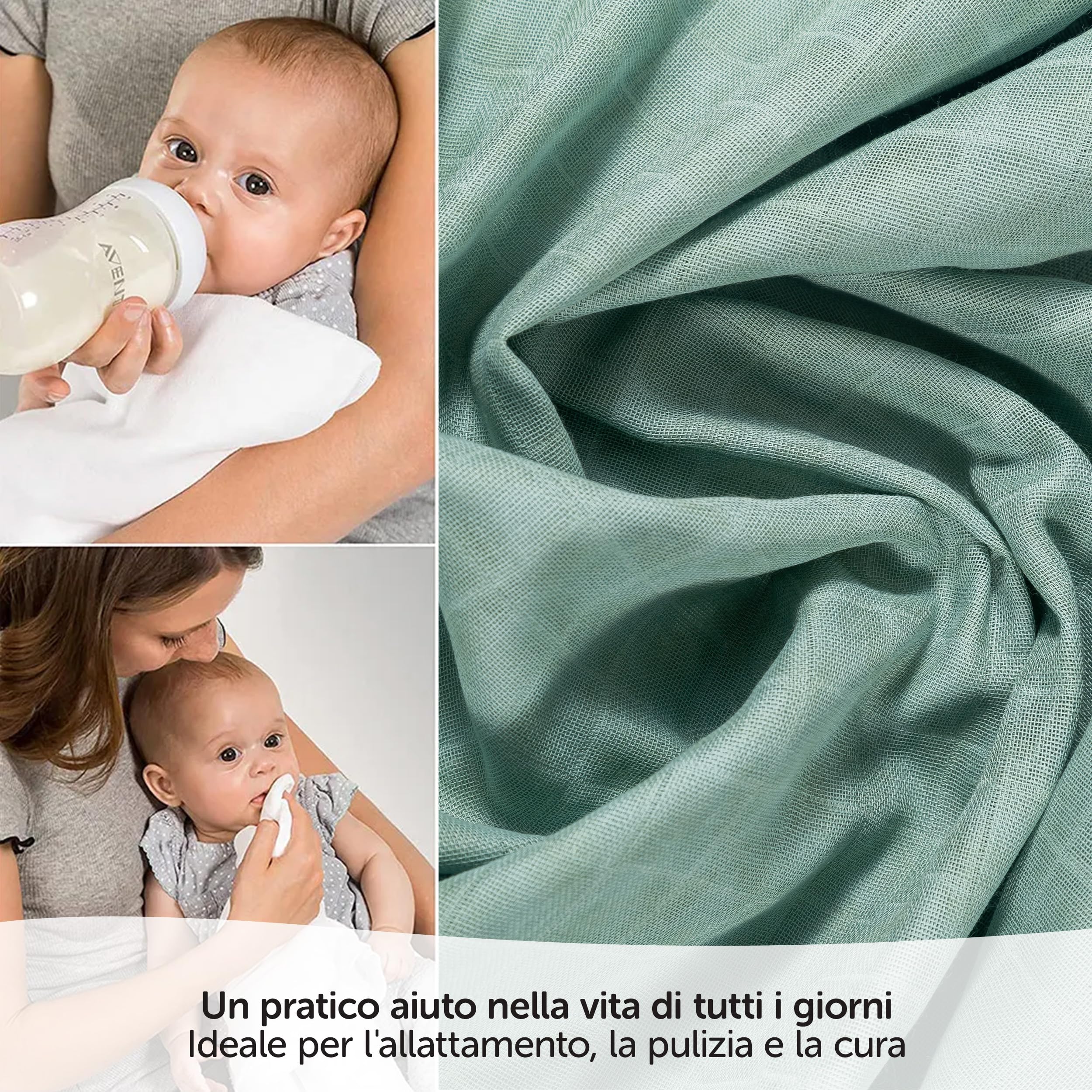 Mussole Neonato 70x70cm Cotone 100% OEKO-TEX Standard 100 Verde Bianco Menta Grigio Conf. 4