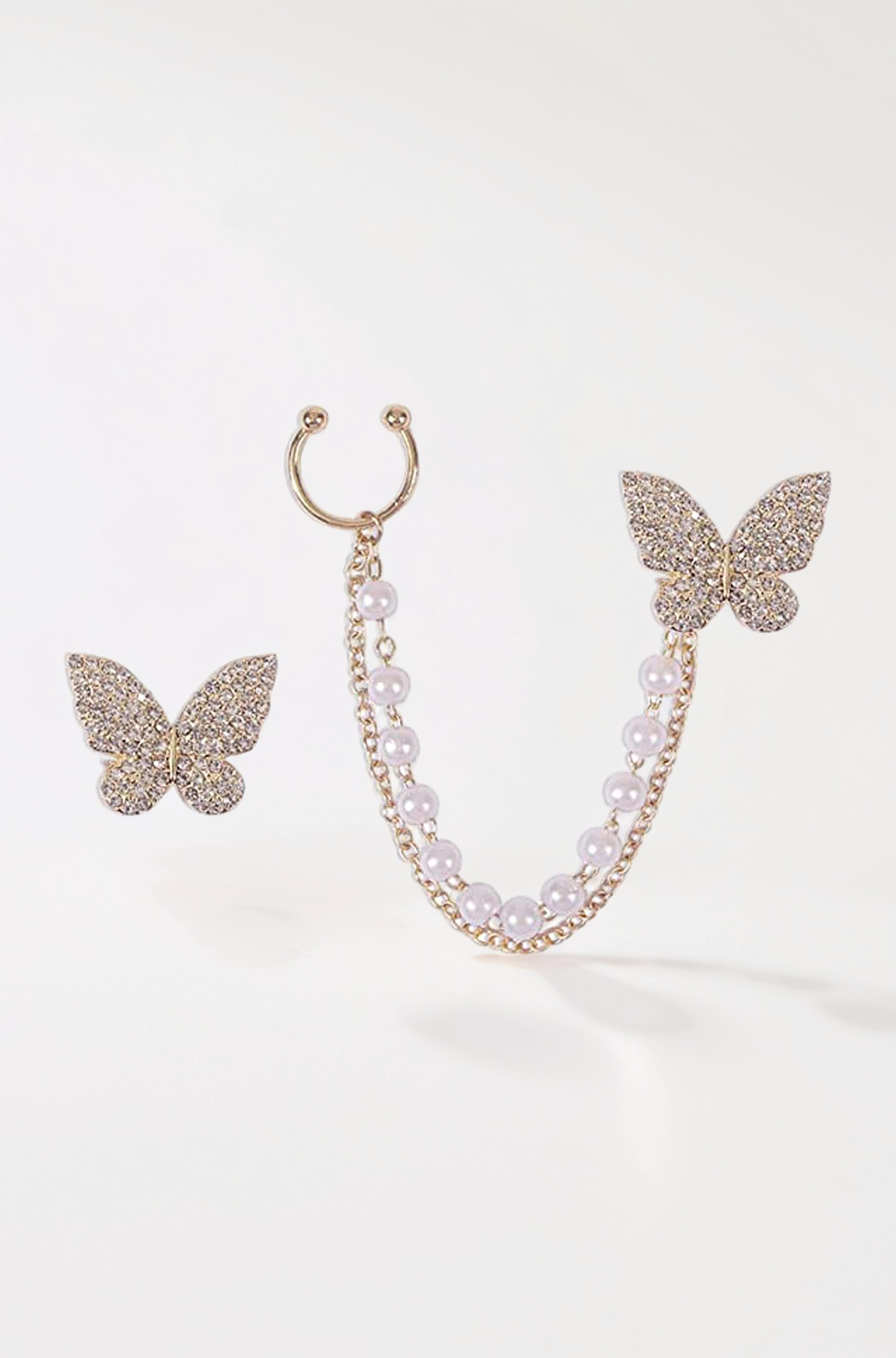 Earrings For Women Fashion Butterfly Ear Cuff Crawler AD & Pearl Gold Plated Pearl Chain Drop Stud Earrings For Girls Women Gift For Sister Love Gifts Earring Jewellery