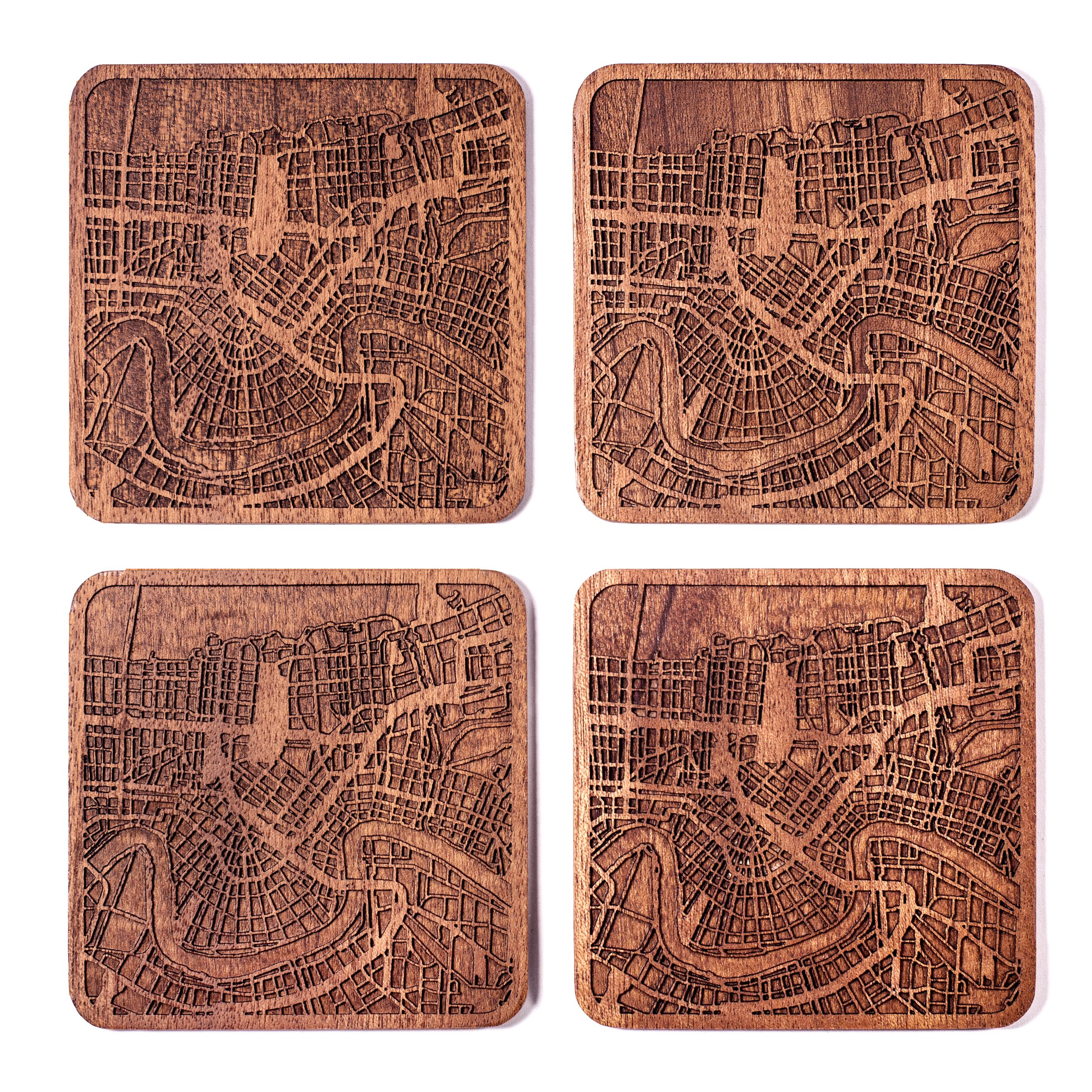 O3 Design Studio Brown New Orleans Map Coaster, Set Of 4, Sapele Wooden Coaster With City Map, Handmade