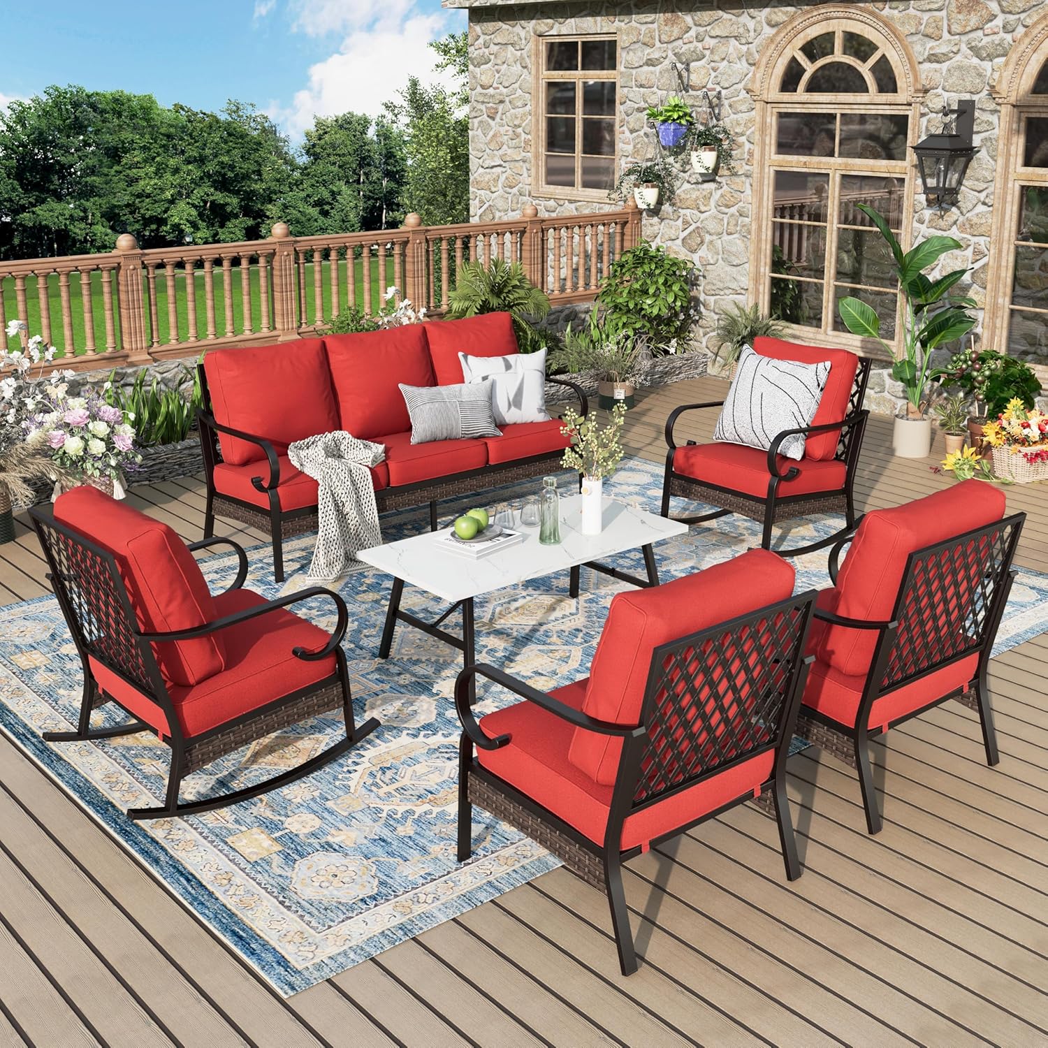MIXPATIO Patio Furniture Set with Coffee Table, Outdoor Conversation Set with 2 x Fixed Chairs, 2 x Rocking Chairs, 1 x 3-Seat Sofa for Lawn Garden Backyard, Red