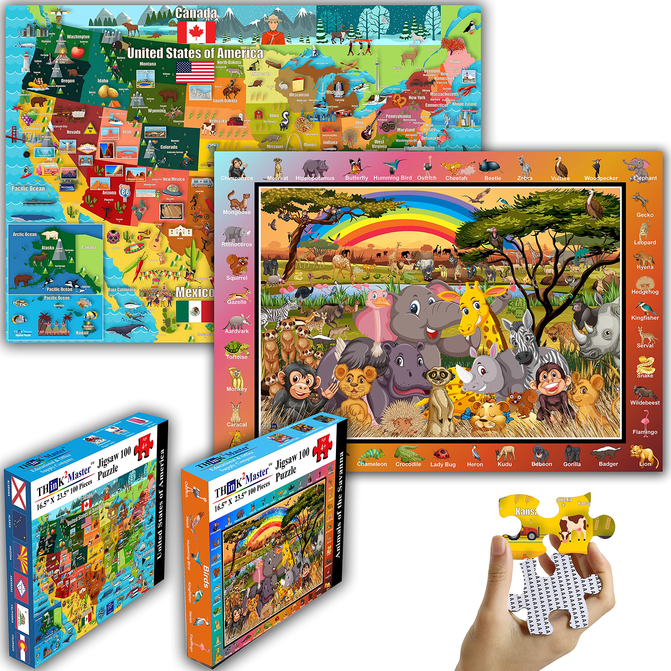 THINK2MASTERColorful United States Map 100 Pieces & Animals of The Savanna Jungle Safari 100 Pieces Jigsaw Puzzle. Fun Educational Toy for Kids, School & Families. Great Gift for Boys & Girls Age 4+