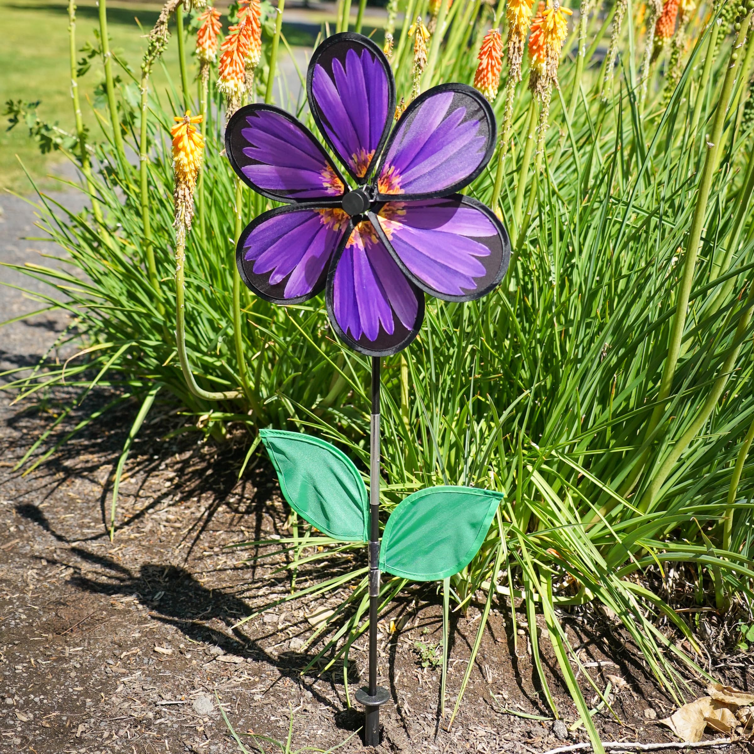 In the Breeze 2629 — 6-Petal Flower Spinner with Leaves, 13.5-Inch Aster Spinner with Leaves, Realistic Printed Flower Spinner