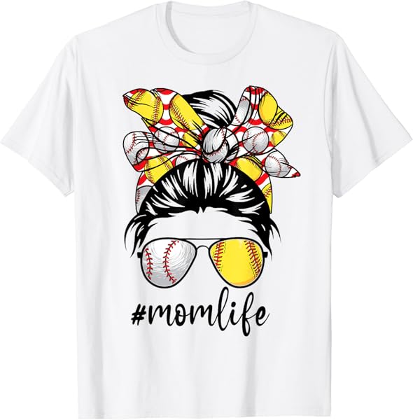 Cute Mom Women Life Baseball Softball Messy Bun Mother\'s Day T-Shirt