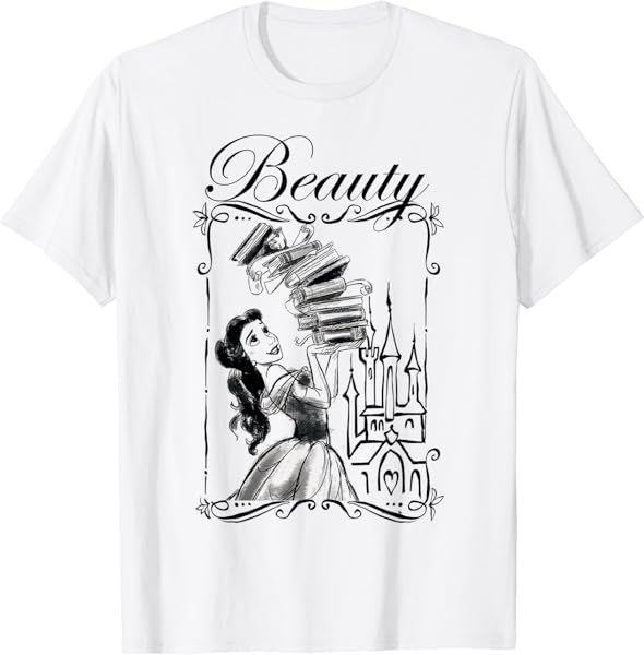Disney Beauty and the Beast Belle Book Stack Sketch Portrait T-Shirt
