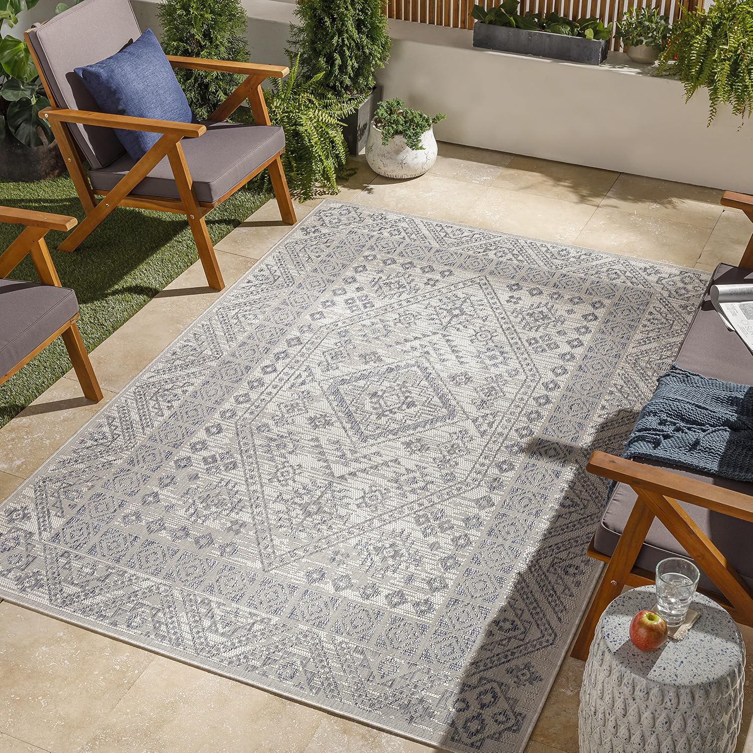 Livabliss Sawyer Global Boho Medallion Outdoor Area Rug, 5'3" x 7', Blue