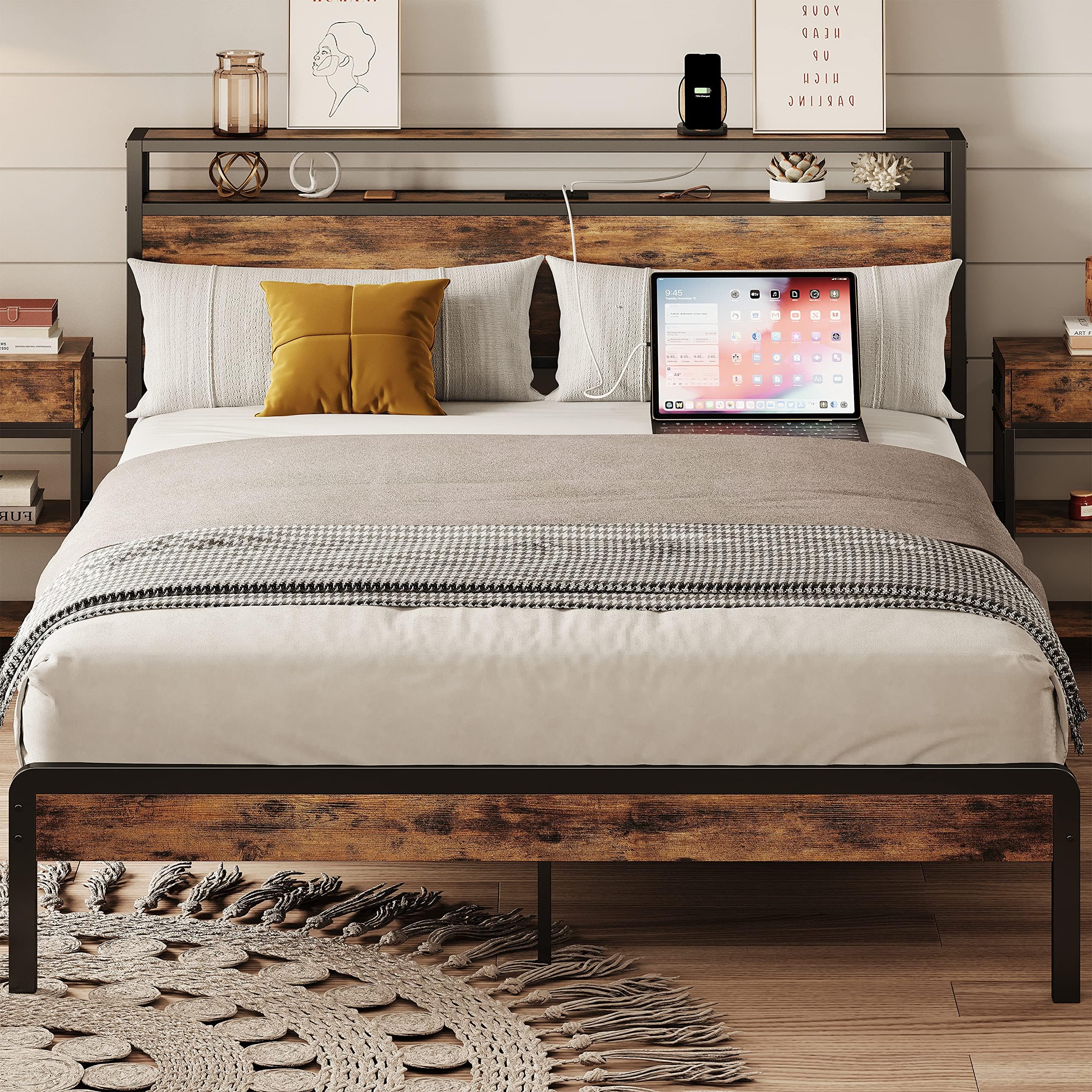 Zevemomo King Size Bed Frame with Charging Station, King