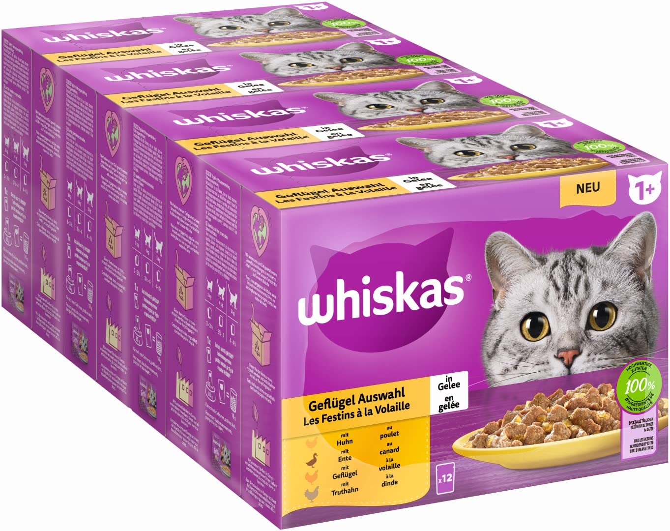 Whiskas 1 + Comida para Gatos de Aves de Corral en gelatina, 12 x 85 g (4 Paquetes) – Comida húmeda Gatos Adultos en 48 Bolsas de porciones