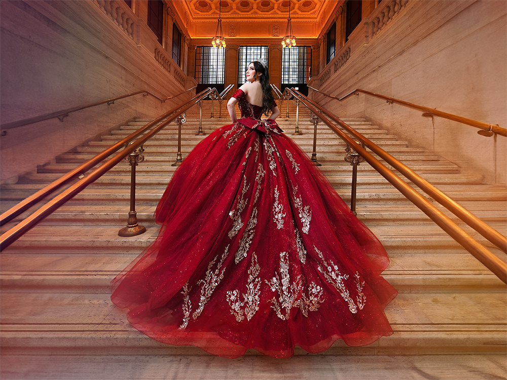light red quince dress Crystal Long Sleeve Red Quince Dresses Off Shoulder Pearls Wedding Dress US4 / Same as Picture