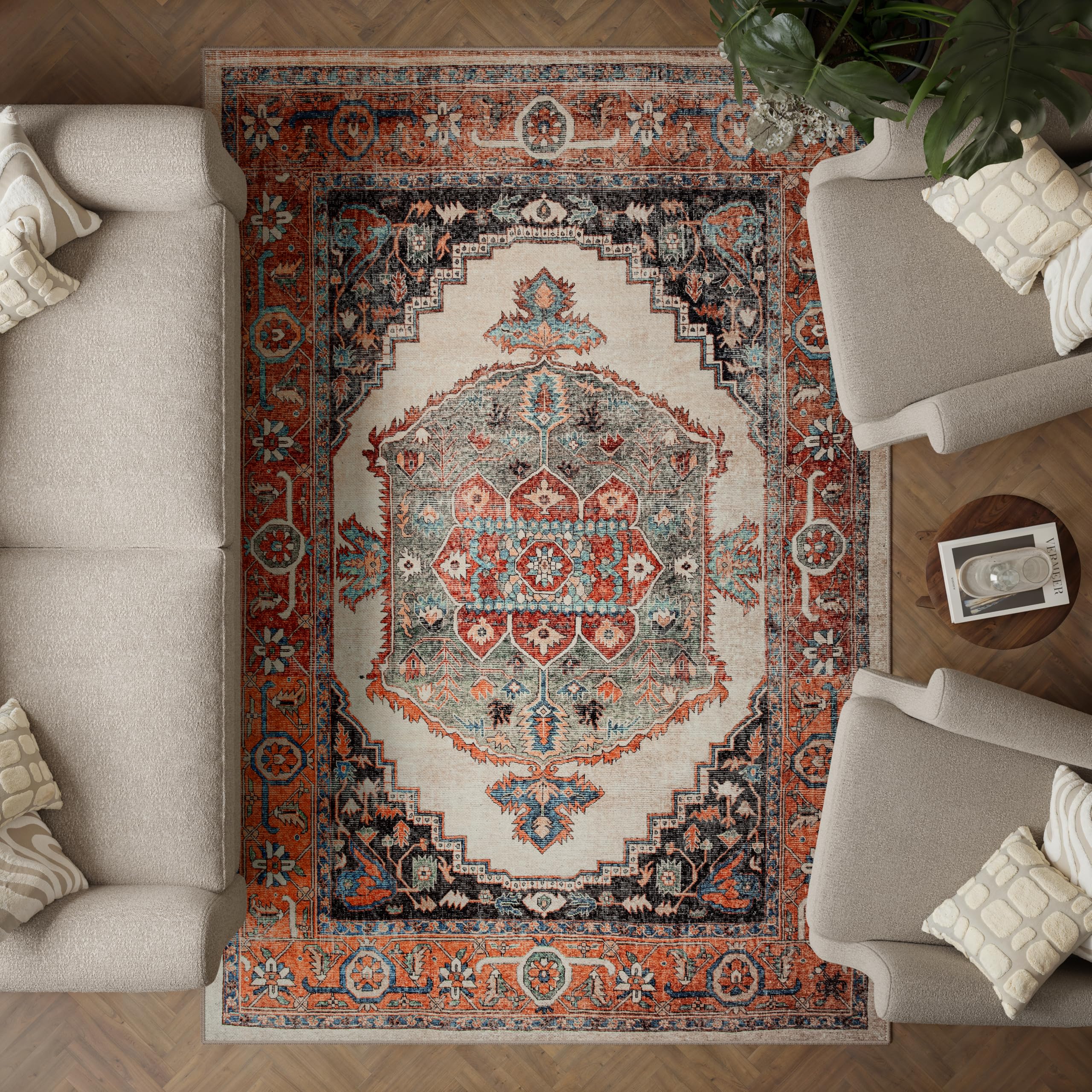 artyrugs Machine Washable Rug, 200x290cm, 75% Recycled Cotton, Short Pile, Non-Slip Backing, Non-Shedding, Suitable for Living Room, Bedroom, Kitchen, Hallway, Office, Bright Olive & Pumpkin — image 1