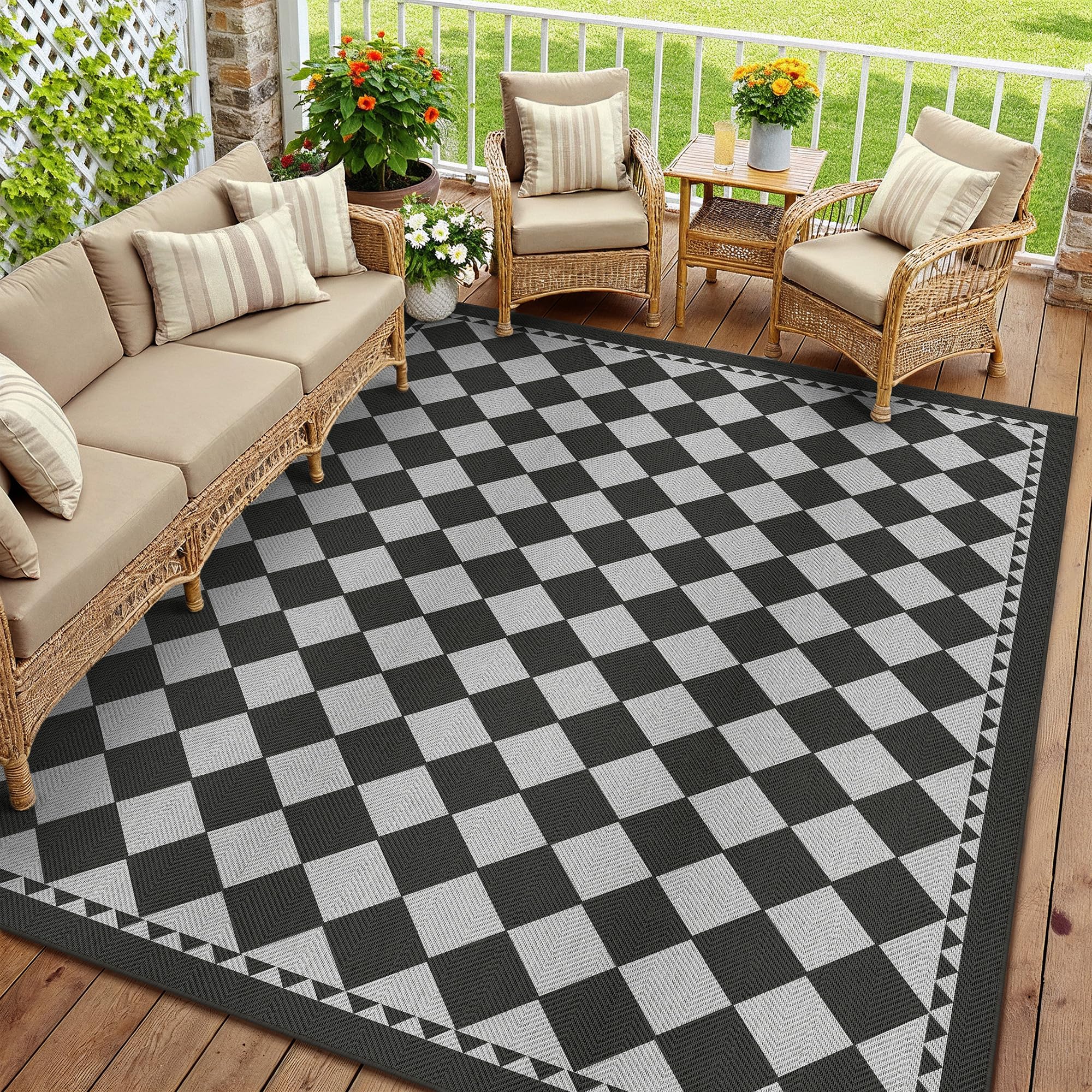 PureCozy Outdoor Rug 200x300cm Rugs Living Room Garden Patios Waterproof Black Grey Large Outside Checkered Carpet Washable Anti Slip Jute Look Carpets Office Bedroom Dining Room Indoor Mat