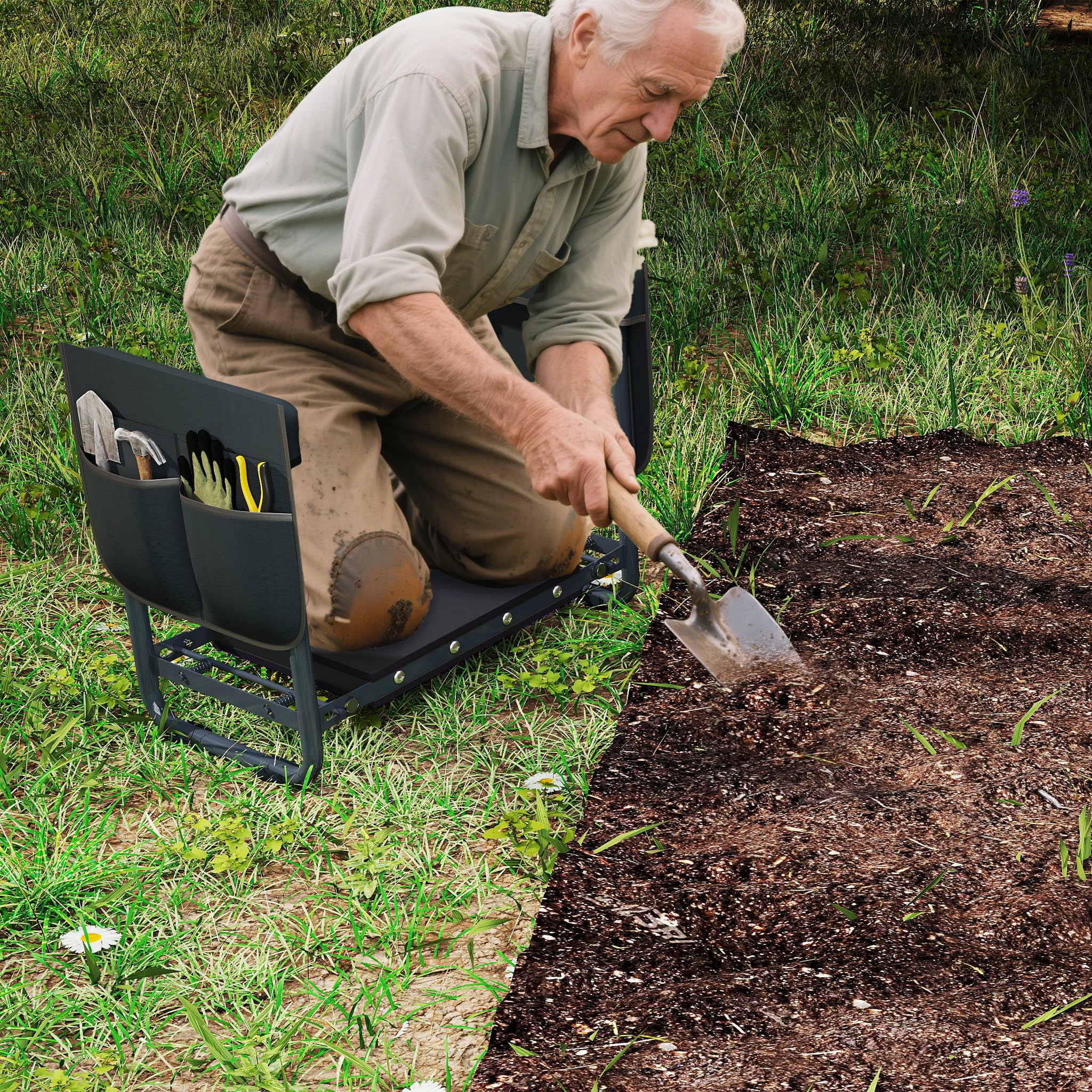 FIVMEN Taburete de jardín plegable para jardinería, cojín para rodillas, banco de jardín, banco 2 en 1, con cojín de espuma EVA y bolsa de herramientas, silla de rodilla, taburete de trabajo para