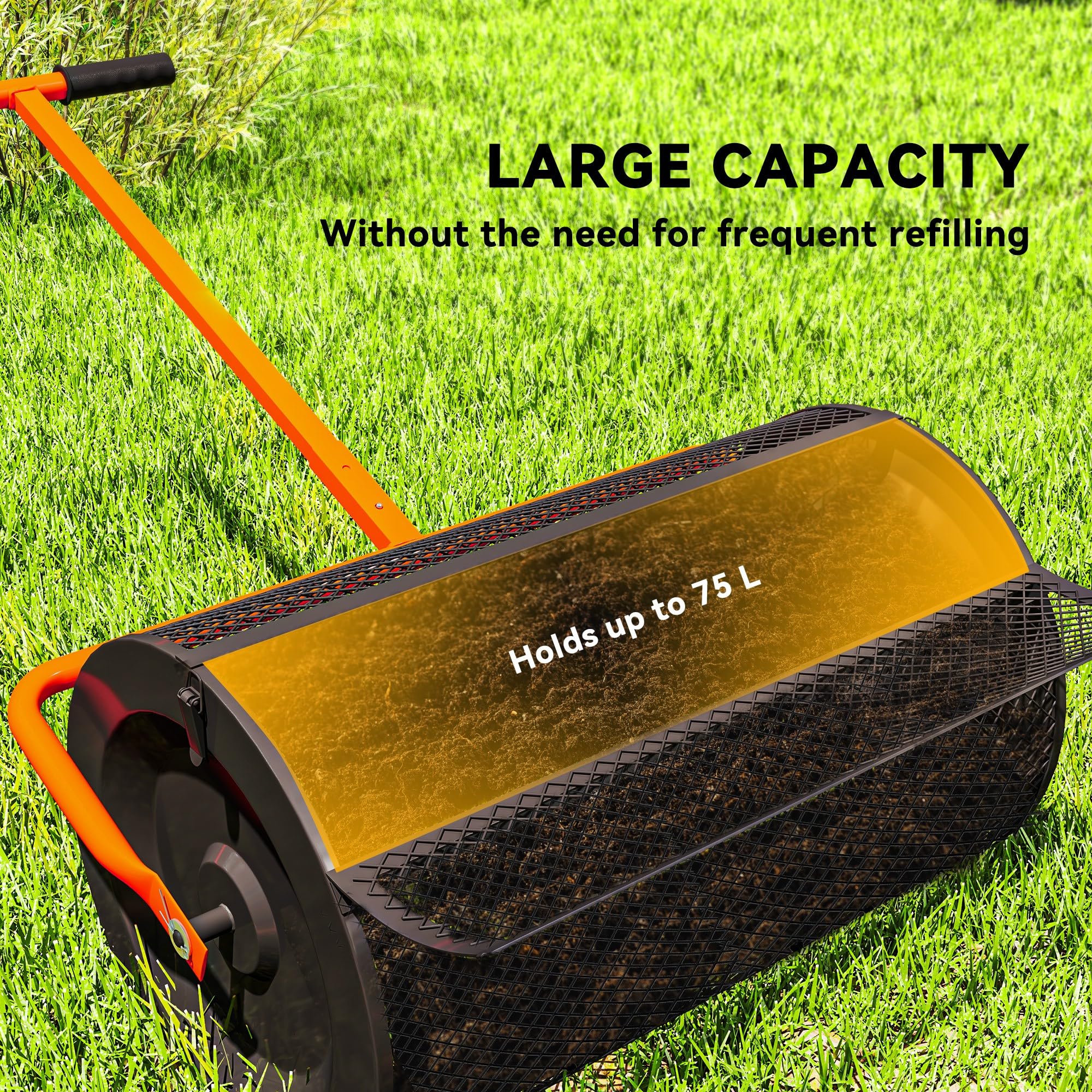 Outsunny Esparcidor de compost, 61 cm de altura ajustable, mango en forma de T, color naranja | Esparcidor de jardín de musgo de turba, cesta de malla de metal, para sembrar, esparcir estiércol